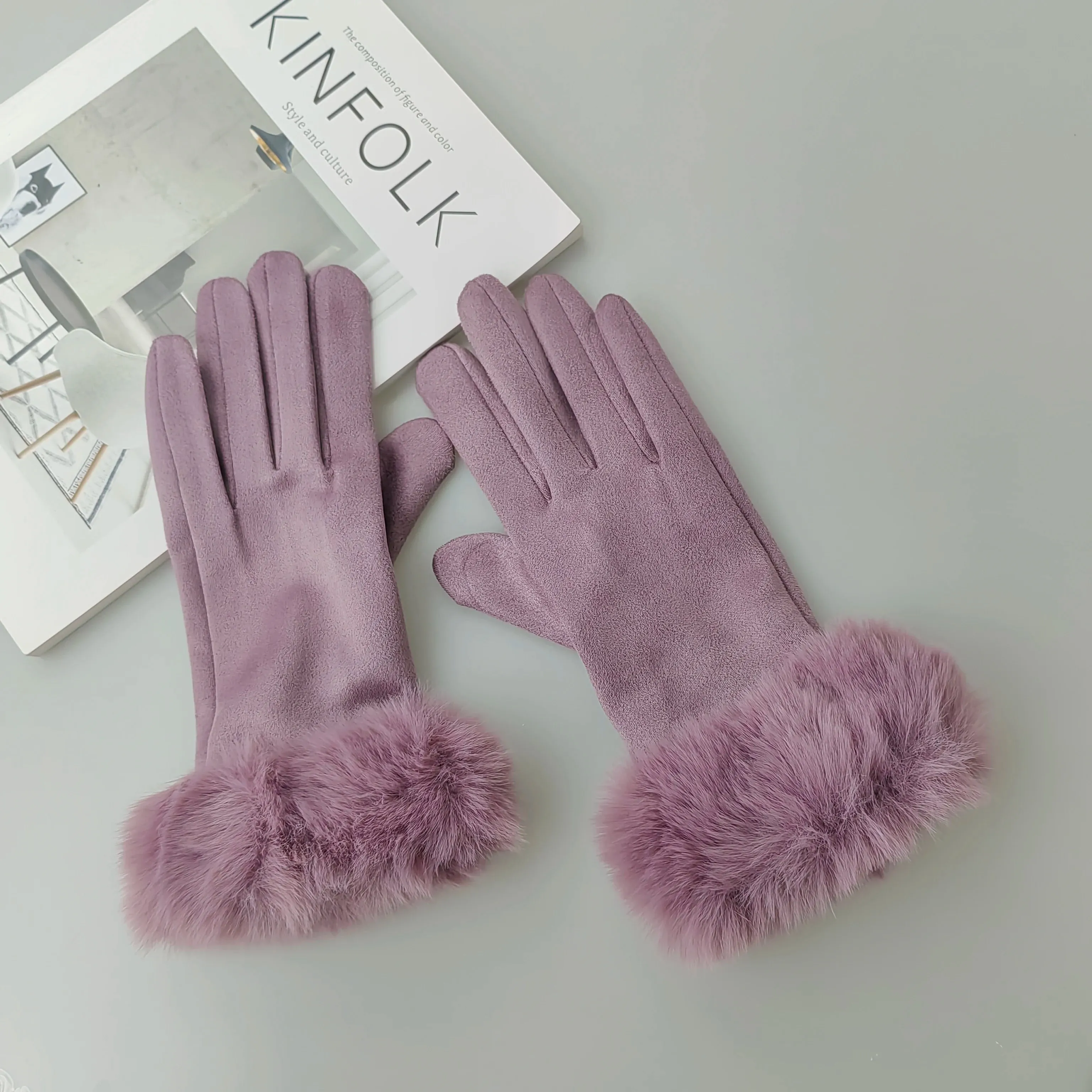 Faux Fur Suede Leather Touch Screen Driving Gloves