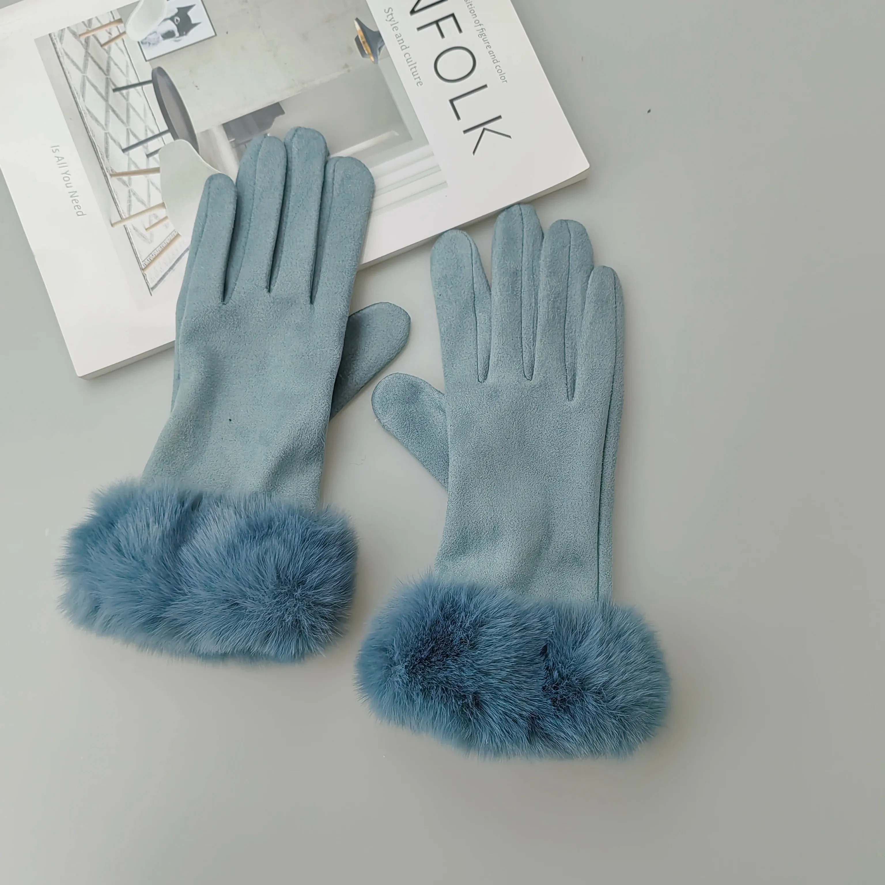 Faux Fur Suede Leather Touch Screen Driving Gloves