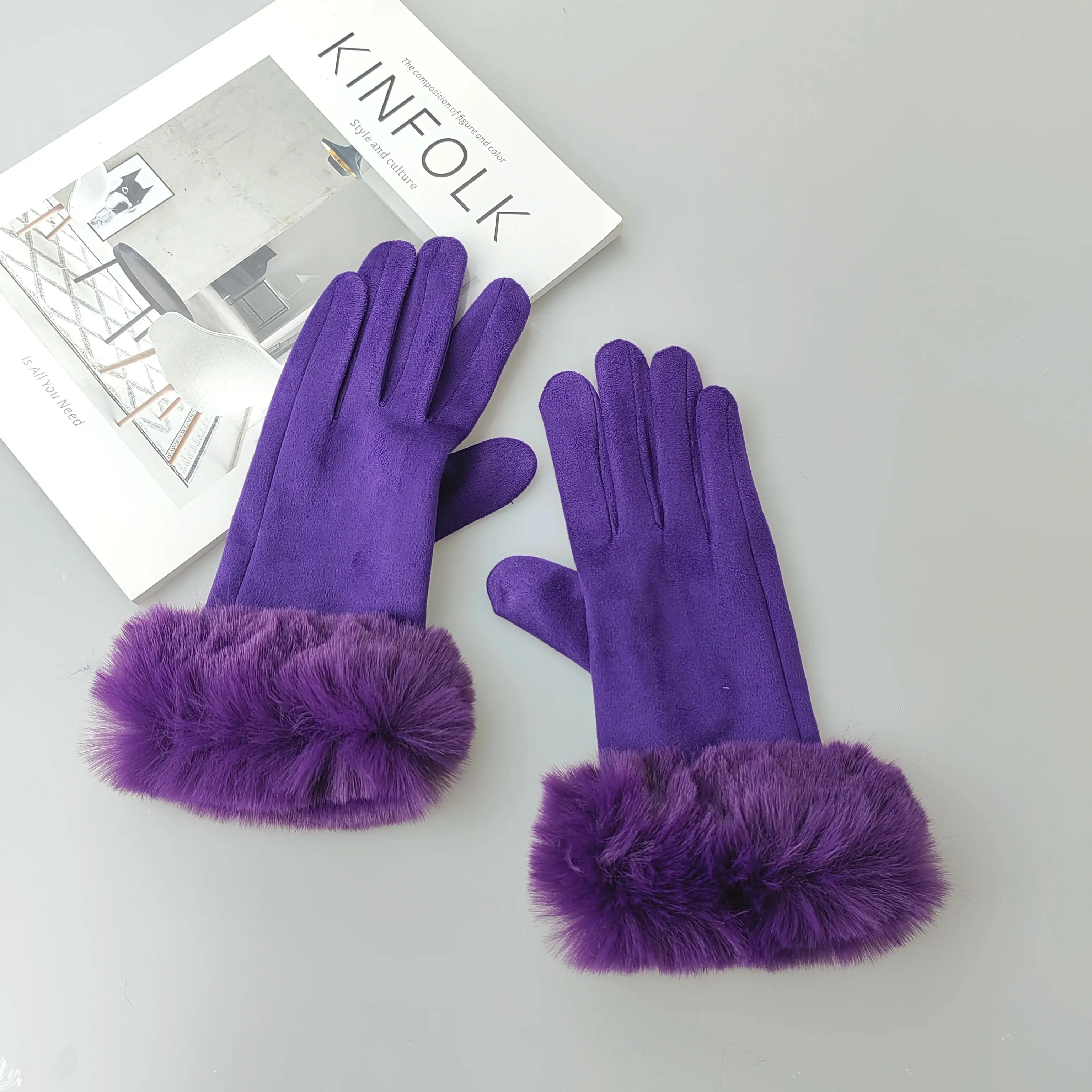 Faux Fur Suede Leather Touch Screen Driving Gloves