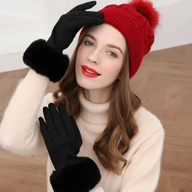 Faux Fur Suede Leather Touch Screen Driving Gloves