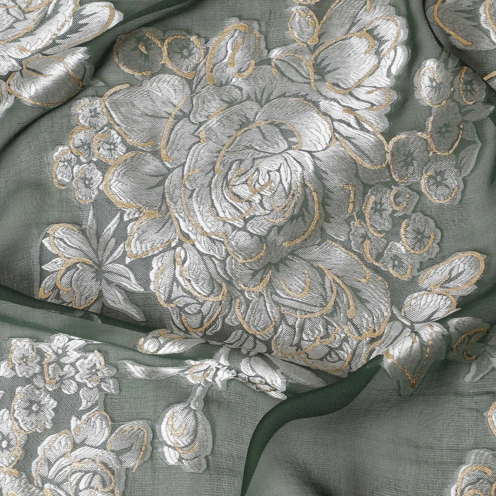 Forest green premium pure silk chiffon fabric with grey viscose and gold foil print in floral design-D16261