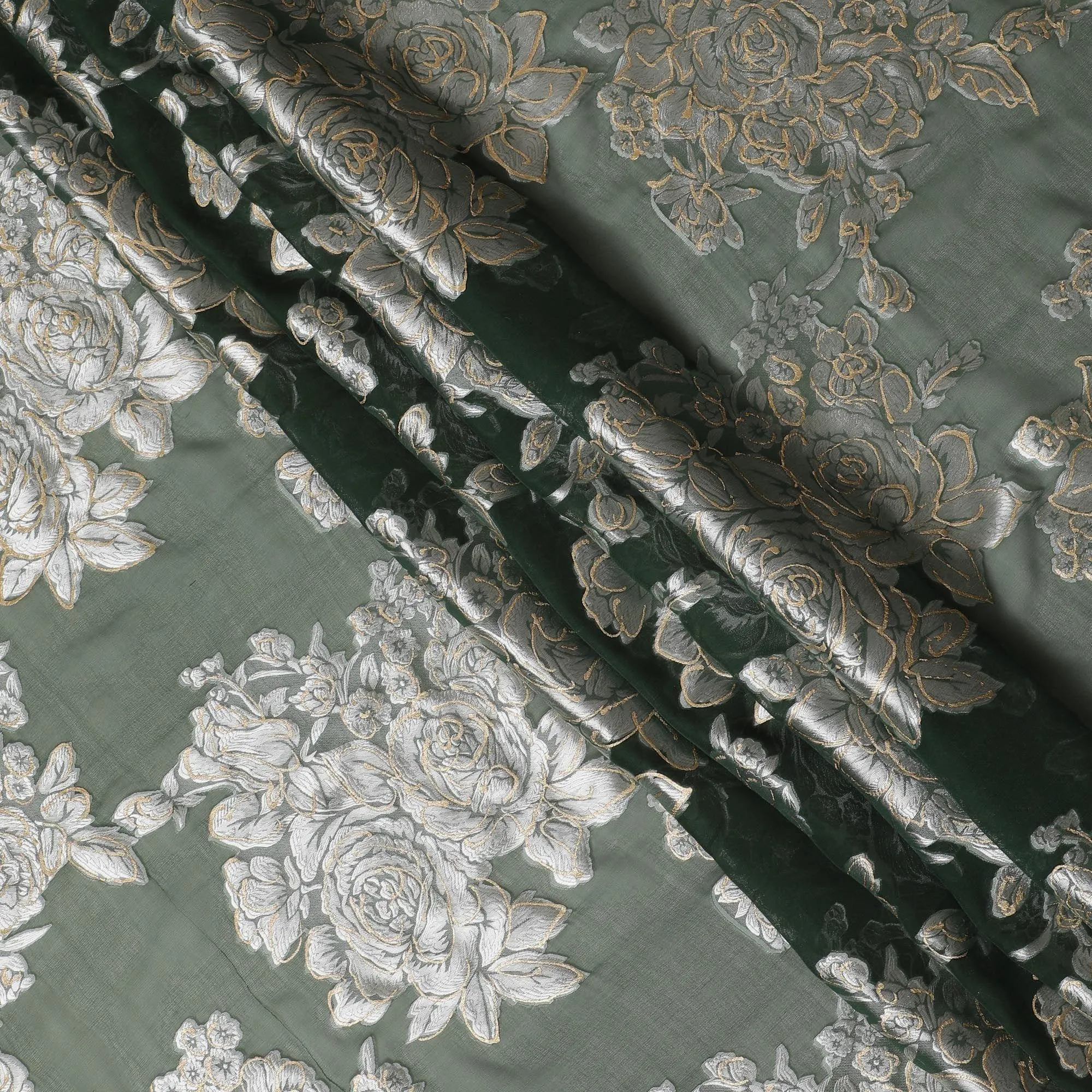 Forest green premium pure silk chiffon fabric with grey viscose and gold foil print in floral design-D16261