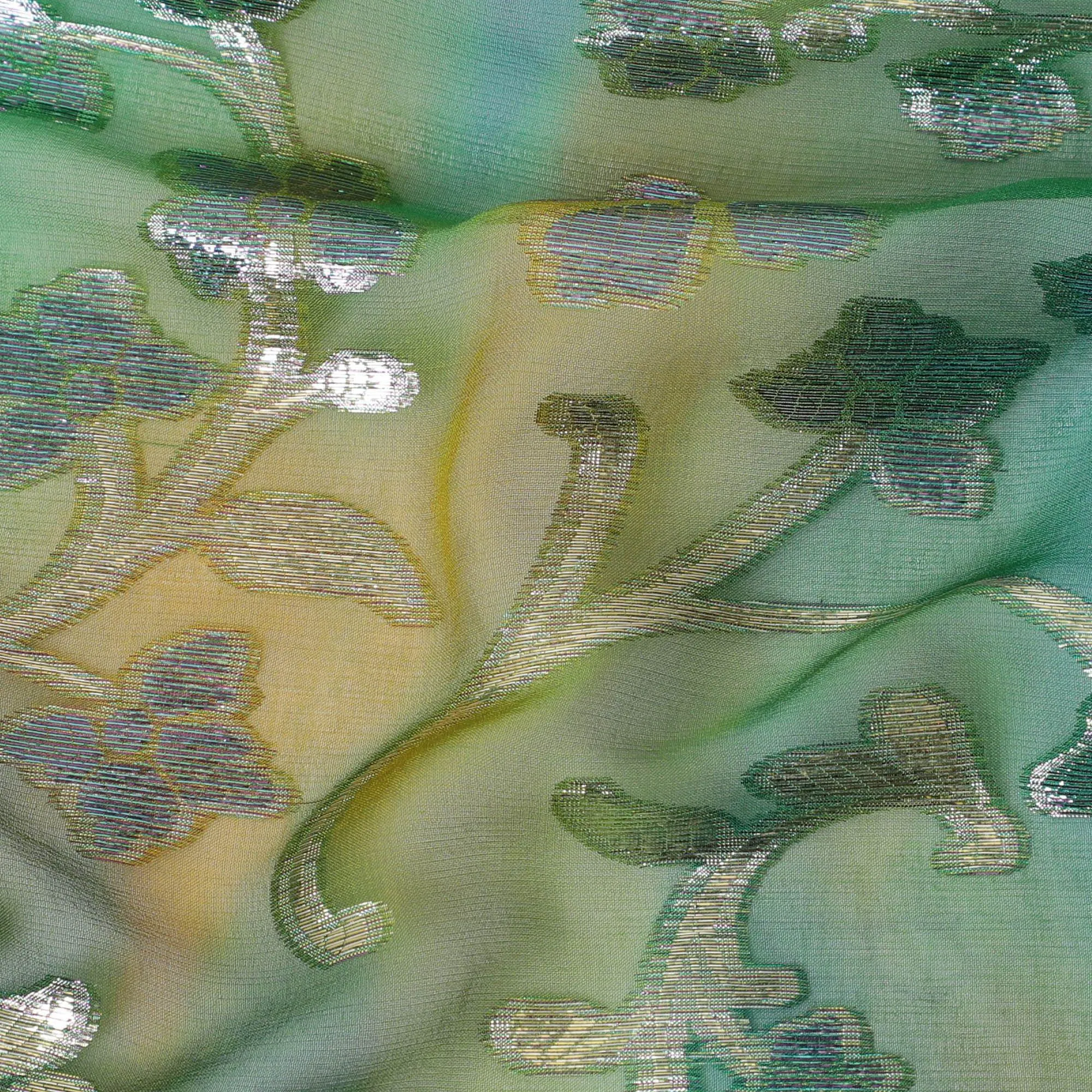 Green Premium pure silk chiffon fabric with gold metallic lurex in floral design-D12538