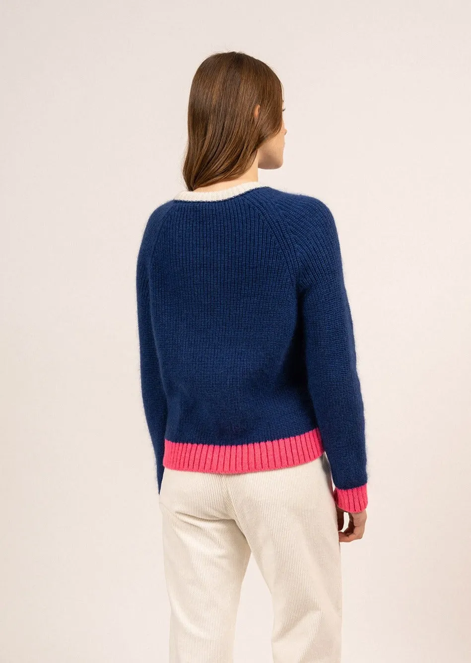 HASPARREN - Color-block Sweater in Mohair Wool Blend (BLUE / NEON PINK / WINTER WHITE)