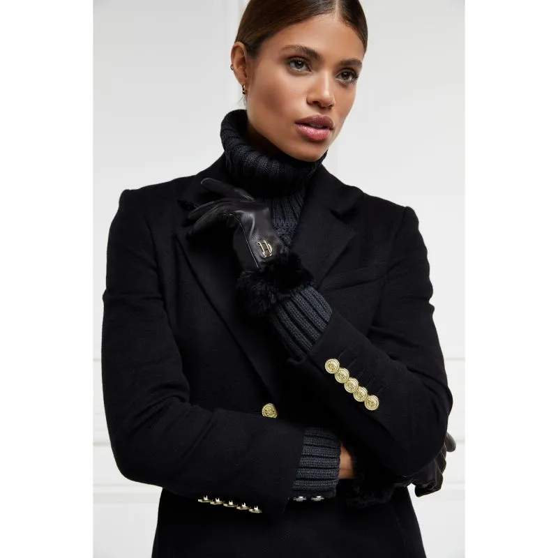 Holland Cooper Faux Fur Trim Wool Cashmere Lined Ladies Leather Gloves - Black