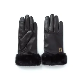 Holland Cooper Faux Fur Trim Wool Cashmere Lined Ladies Leather Gloves - Black