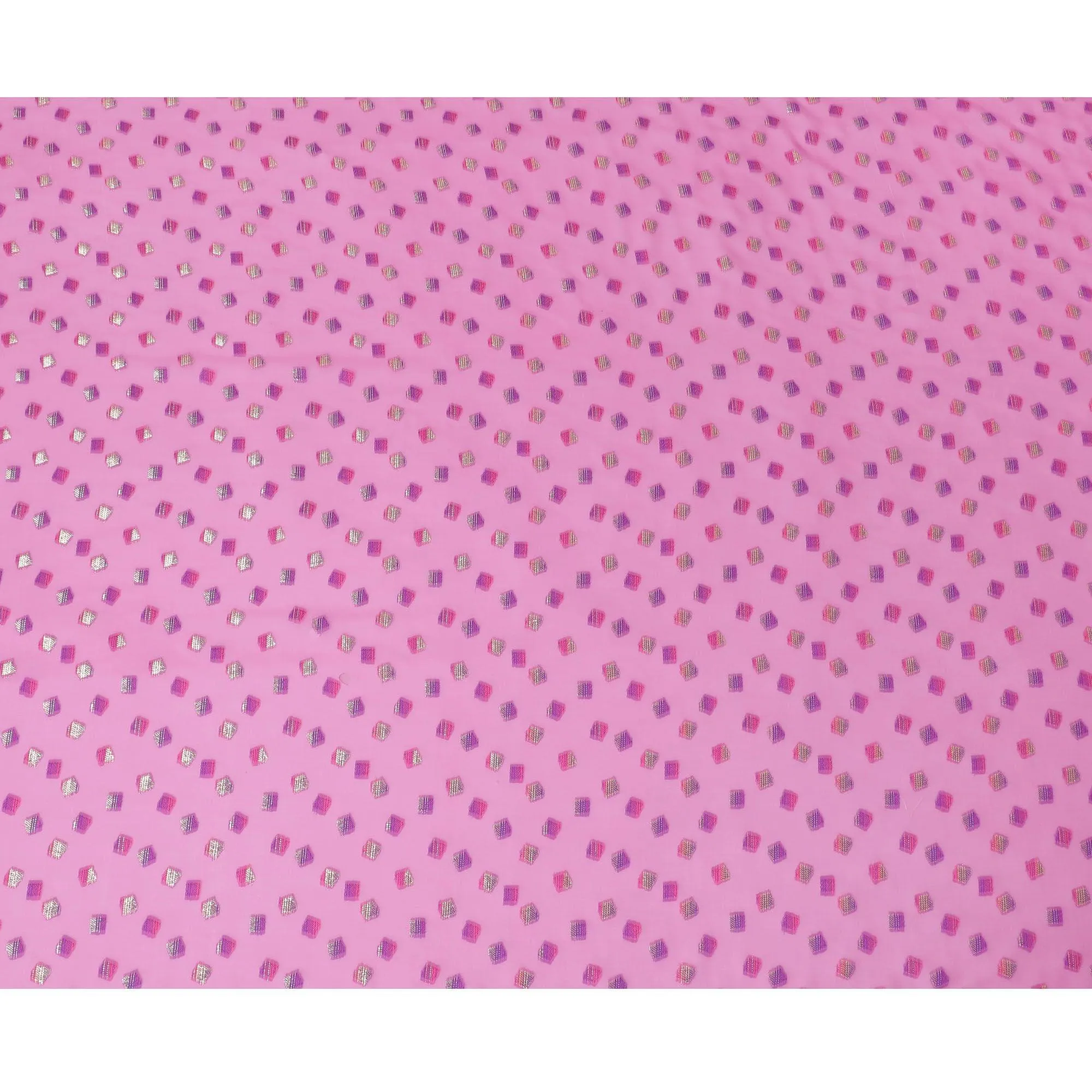 Hot pink premium pure French (Fransawi) silk chiffon fabric with same tone, purple viscose having gold and silver metallic lurex in abstract design-D14230