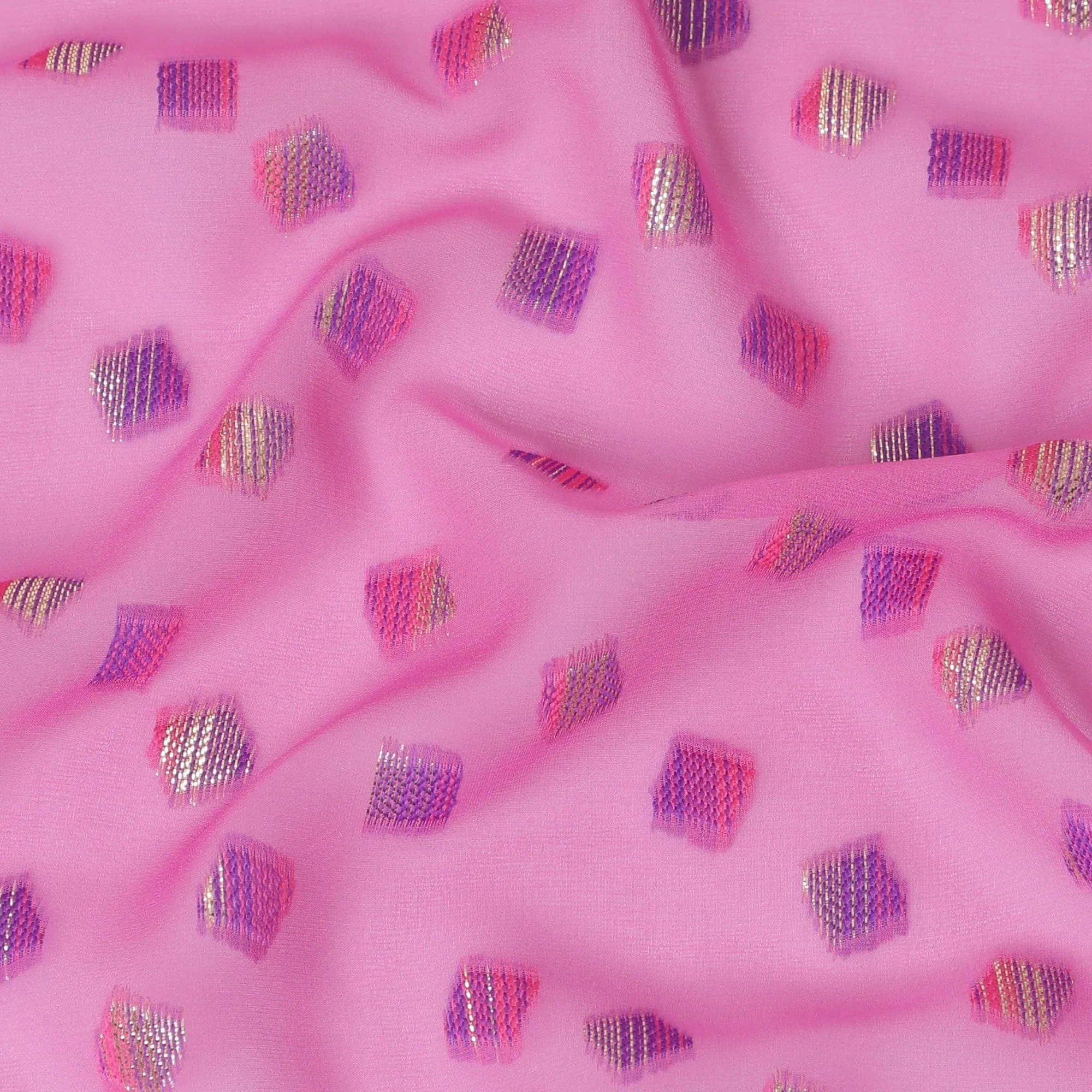 Hot pink premium pure French (Fransawi) silk chiffon fabric with same tone, purple viscose having gold and silver metallic lurex in abstract design-D14230