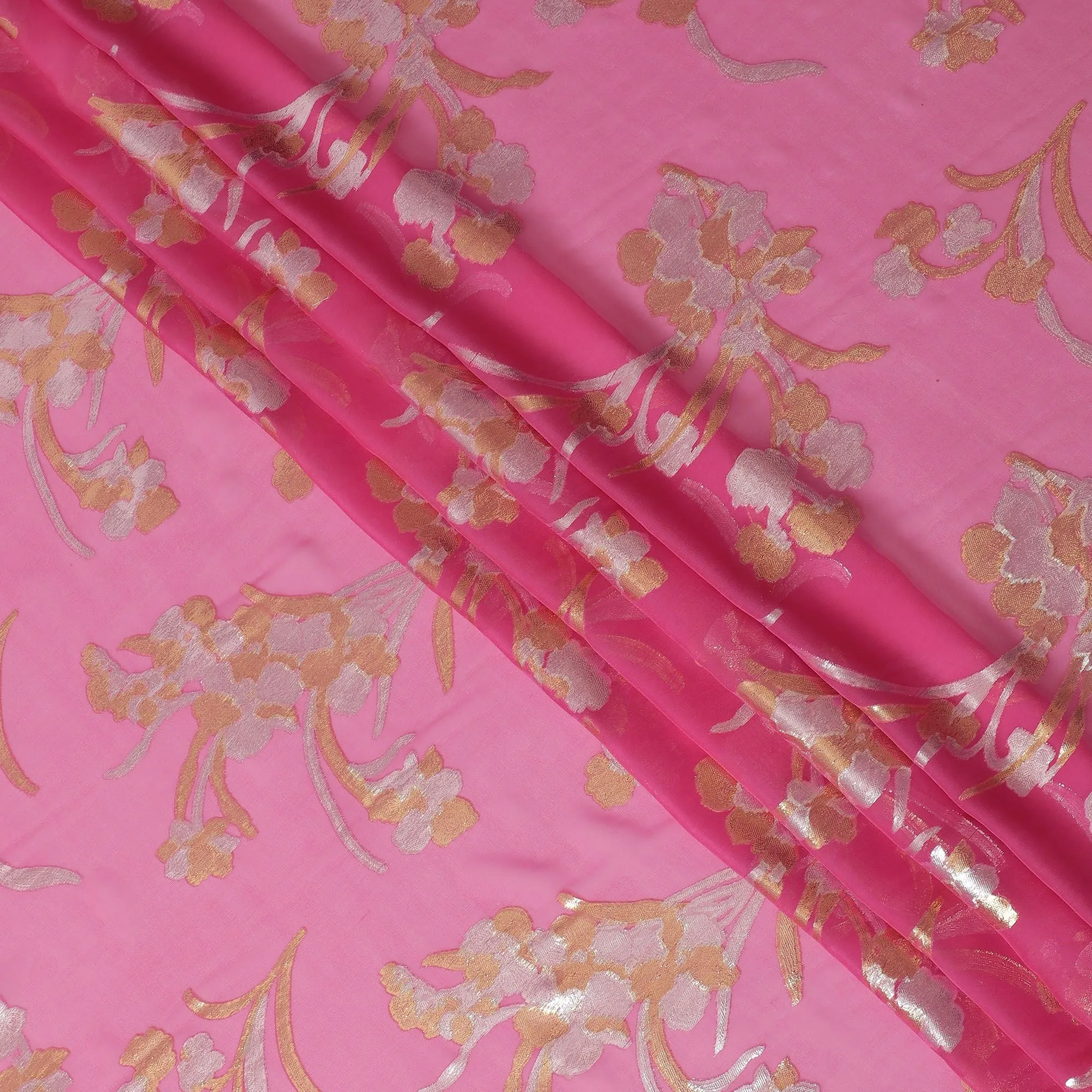 Hot pink Premium pure silk chiffon fabric with gold and silver metallic lurex in floral design-D16443