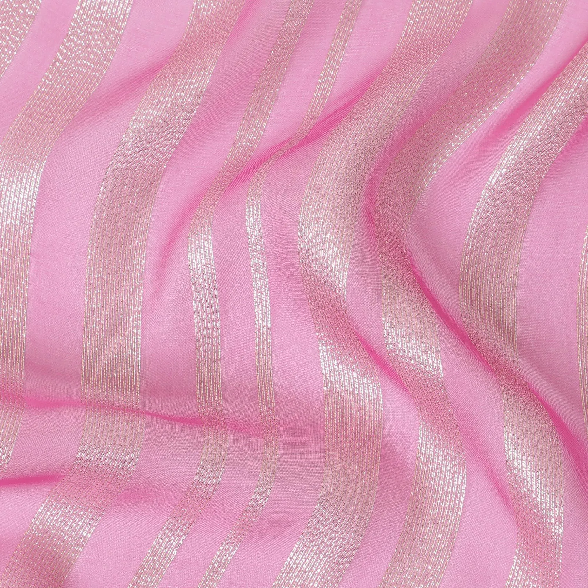 Hot pink Premium pure silk chiffon fabric with gold metallic lurex in stripe design-D12404