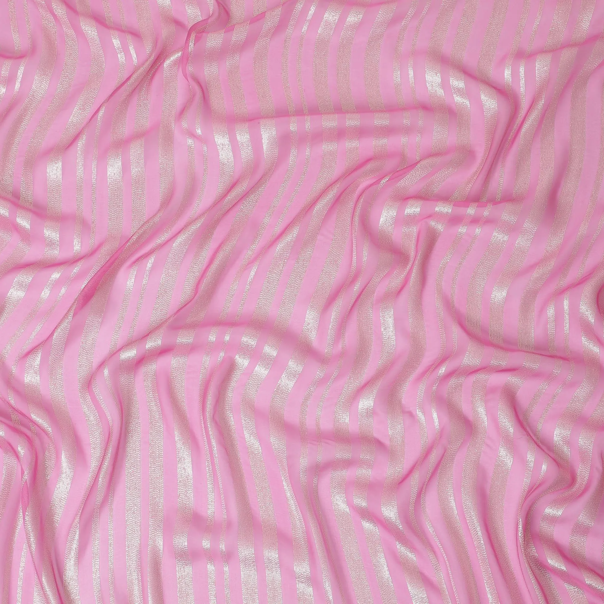 Hot pink Premium pure silk chiffon fabric with gold metallic lurex in stripe design-D12404