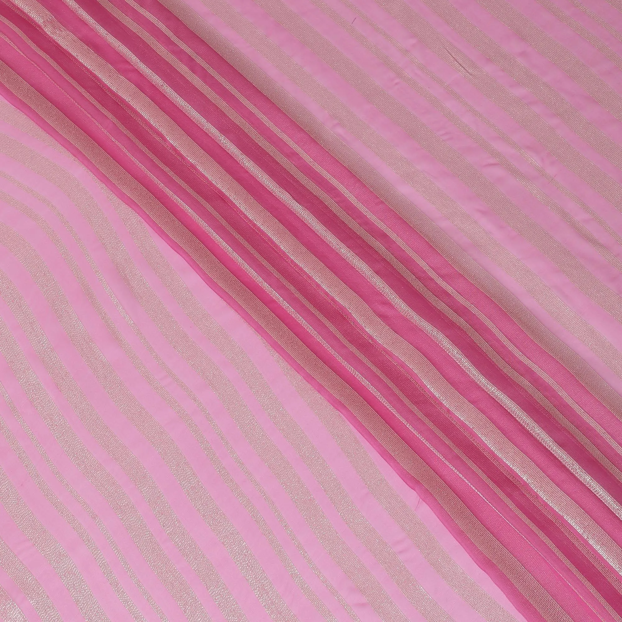 Hot pink Premium pure silk chiffon fabric with gold metallic lurex in stripe design-D12404