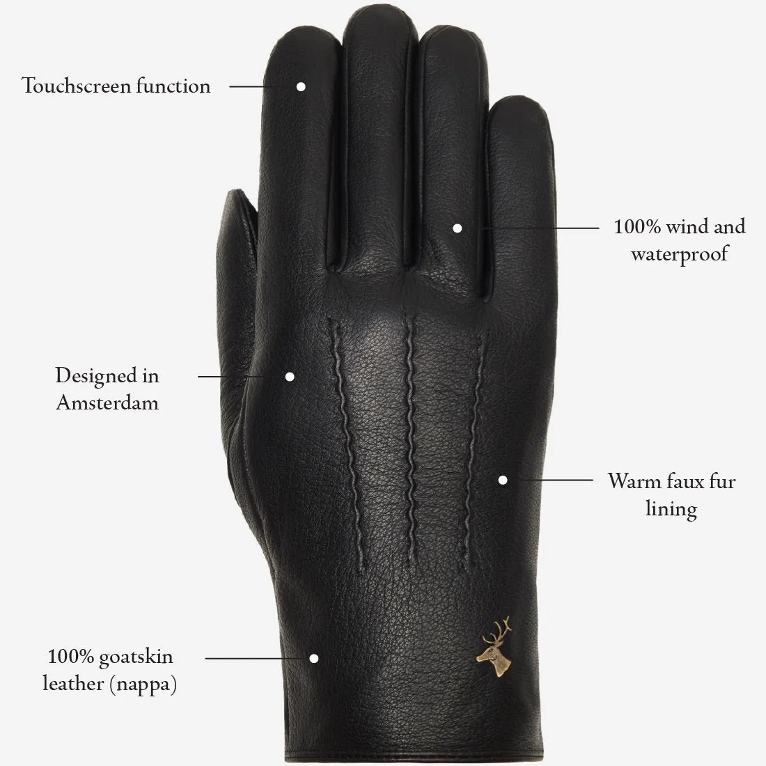 Jaxon (black) - goatskin leather gloves with luxurious faux fur lining & touchscreen feature