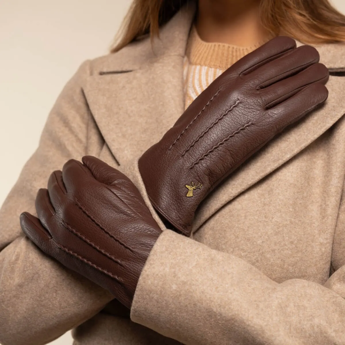 Julia (brown) - goatskin leather gloves with luxury faux fur lining & touchscreen feature