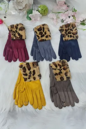 Leapord Print Faux Fur Detail Gloves