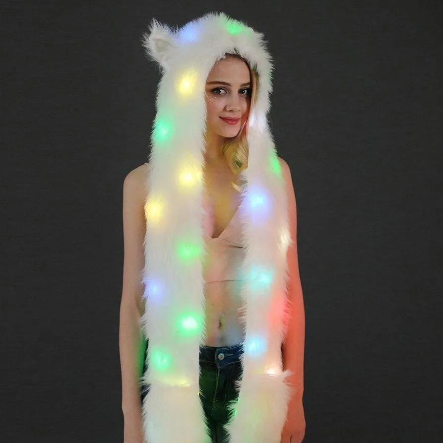 LED Light Up Faux Fur Hat Scarf Gloves Bear Unicorn Hood Hat Plush Warm Scarf Gloves Halloween Christmas Party Novelty Kawaii Cyber