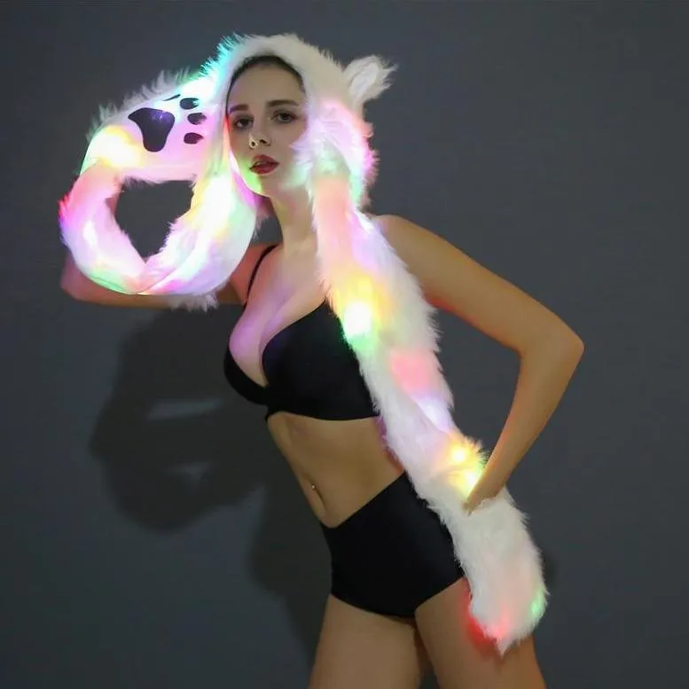 LED Light Up Faux Fur Hat Scarf Gloves Bear Unicorn Hood Hat Plush Warm Scarf Gloves Halloween Christmas Party Novelty Kawaii Cyber