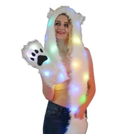 LED Light Up Faux Fur Hat Scarf Gloves Bear Unicorn Hood Hat Plush Warm Scarf Gloves Halloween Christmas Party Novelty Kawaii Cyber