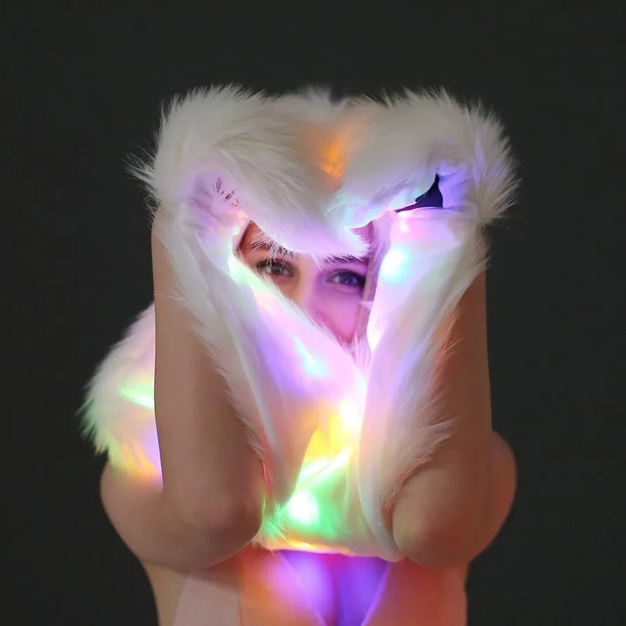 LED Light Up Faux Fur Hat Scarf Gloves Bear Unicorn Hood Hat Plush Warm Scarf Gloves Halloween Christmas Party Novelty Kawaii Cyber