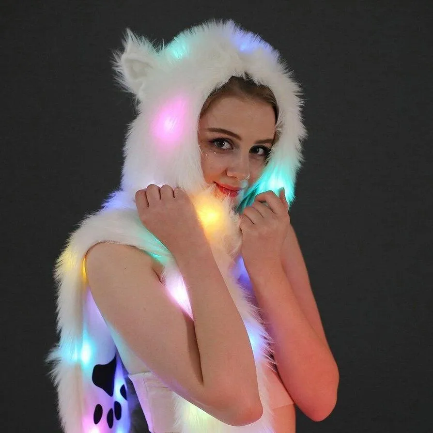 LED Light Up Faux Fur Hat Scarf Gloves Bear Unicorn Hood Hat Plush Warm Scarf Gloves Halloween Christmas Party Novelty Kawaii Cyber