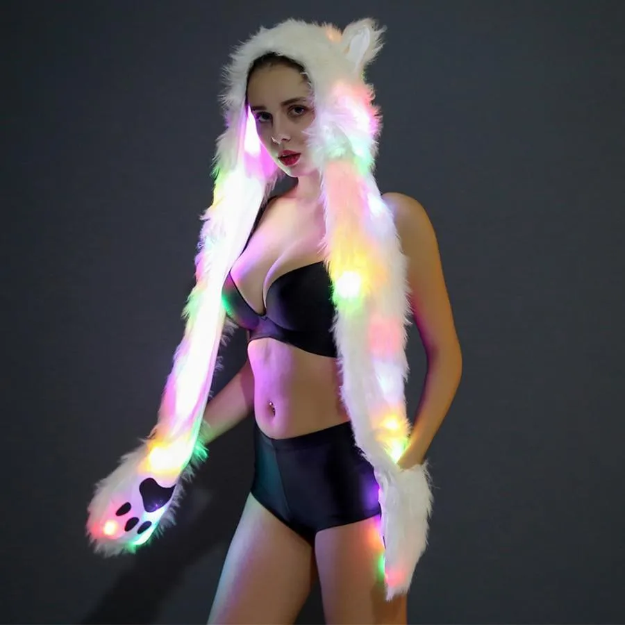 LED Light Up Faux Fur Hat Scarf Gloves Bear Unicorn Hood Hat Plush Warm Scarf Gloves Halloween Christmas Party Novelty Kawaii Cyber