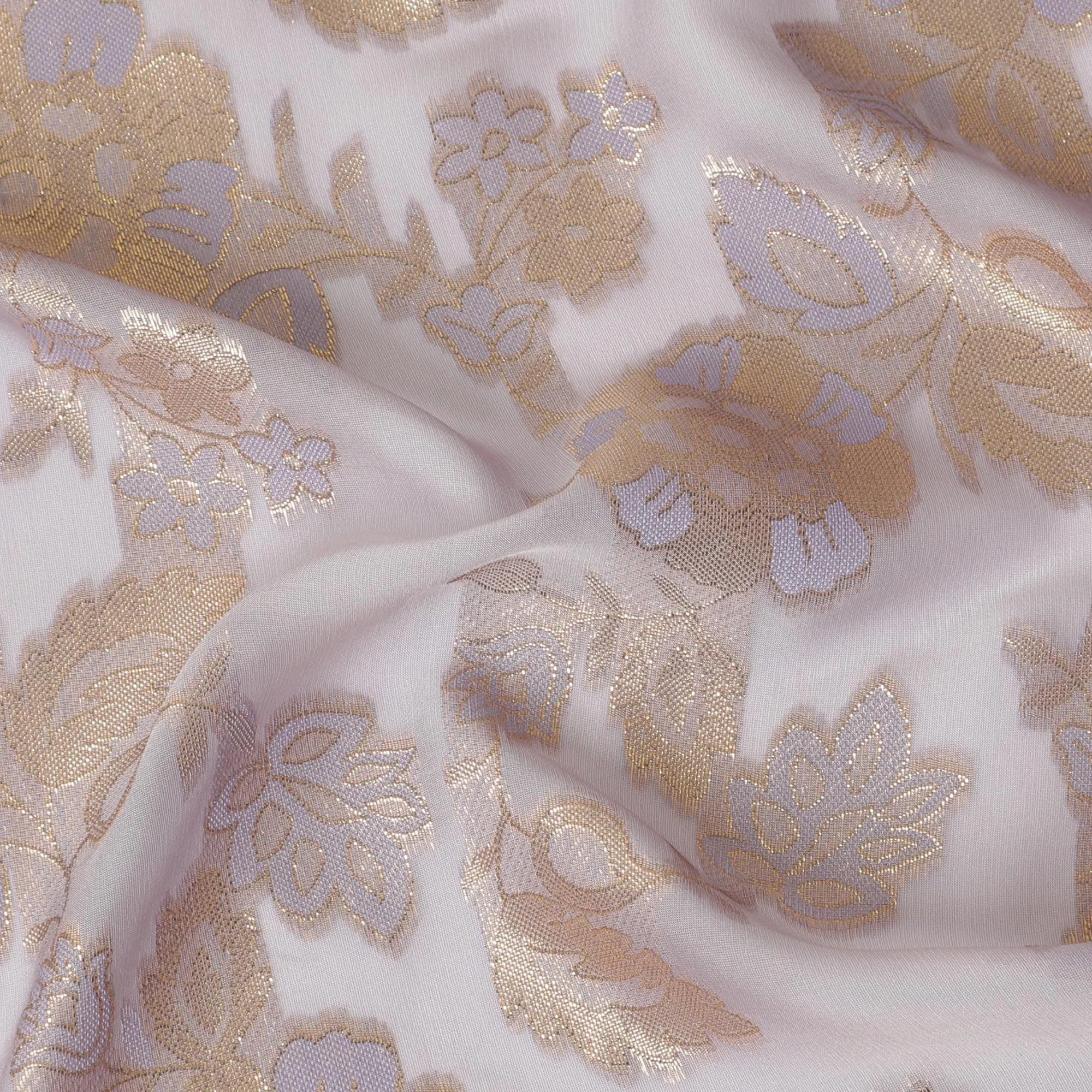 Light lavender premium pure French (Fransawi) silk chiffon fabric with black viscose and gold metallic lurex in floral design-D14274