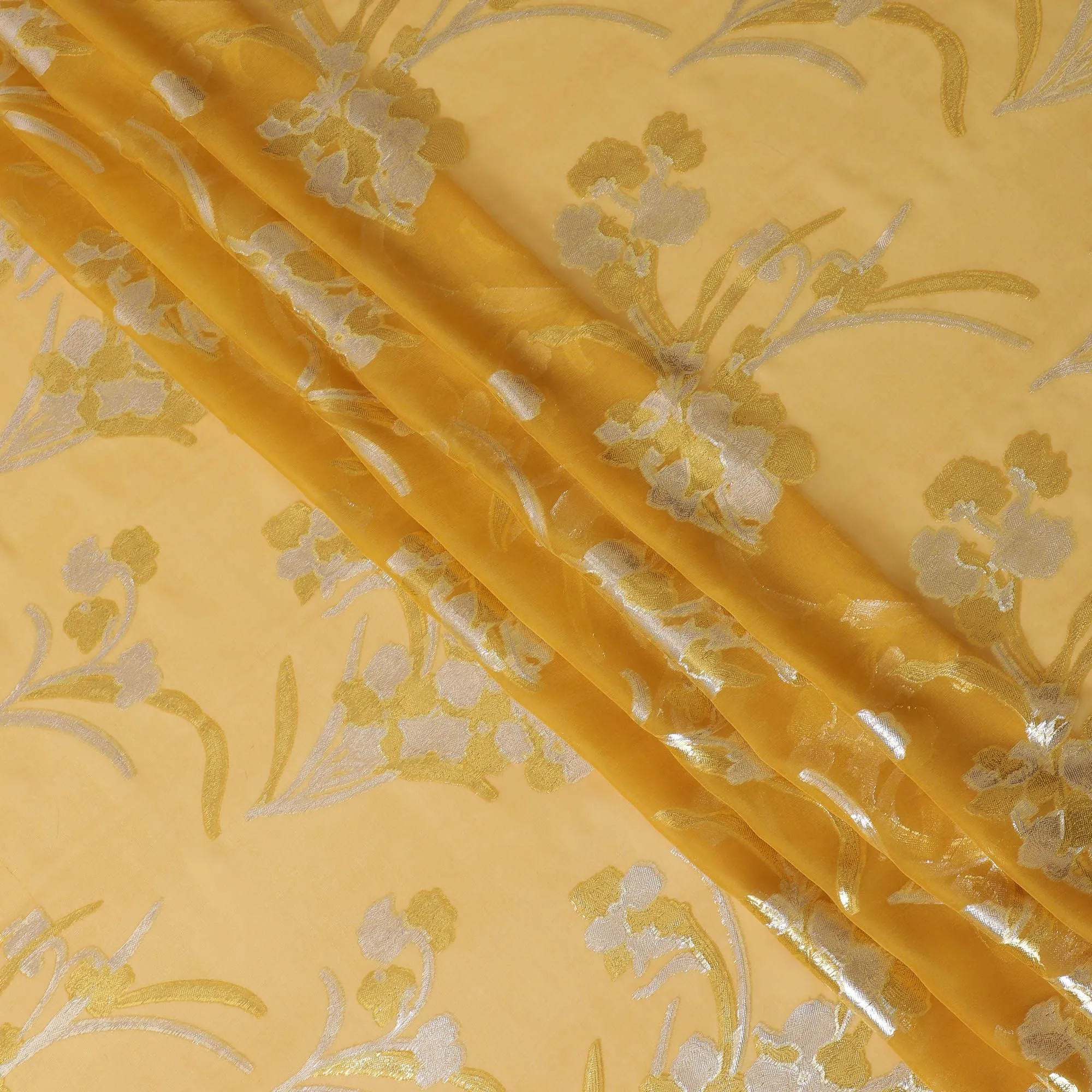 Light mustard Premium pure silk chiffon fabric with gold and silver metallic lurex in floral design-D16448