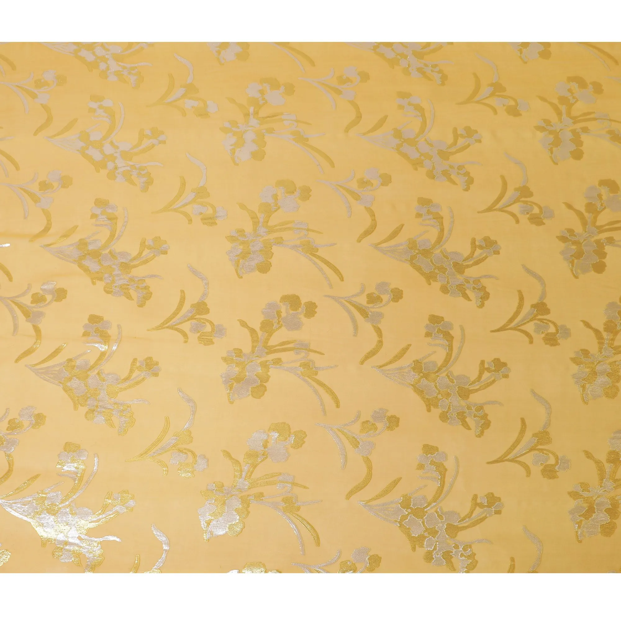 Light mustard Premium pure silk chiffon fabric with gold and silver metallic lurex in floral design-D16448