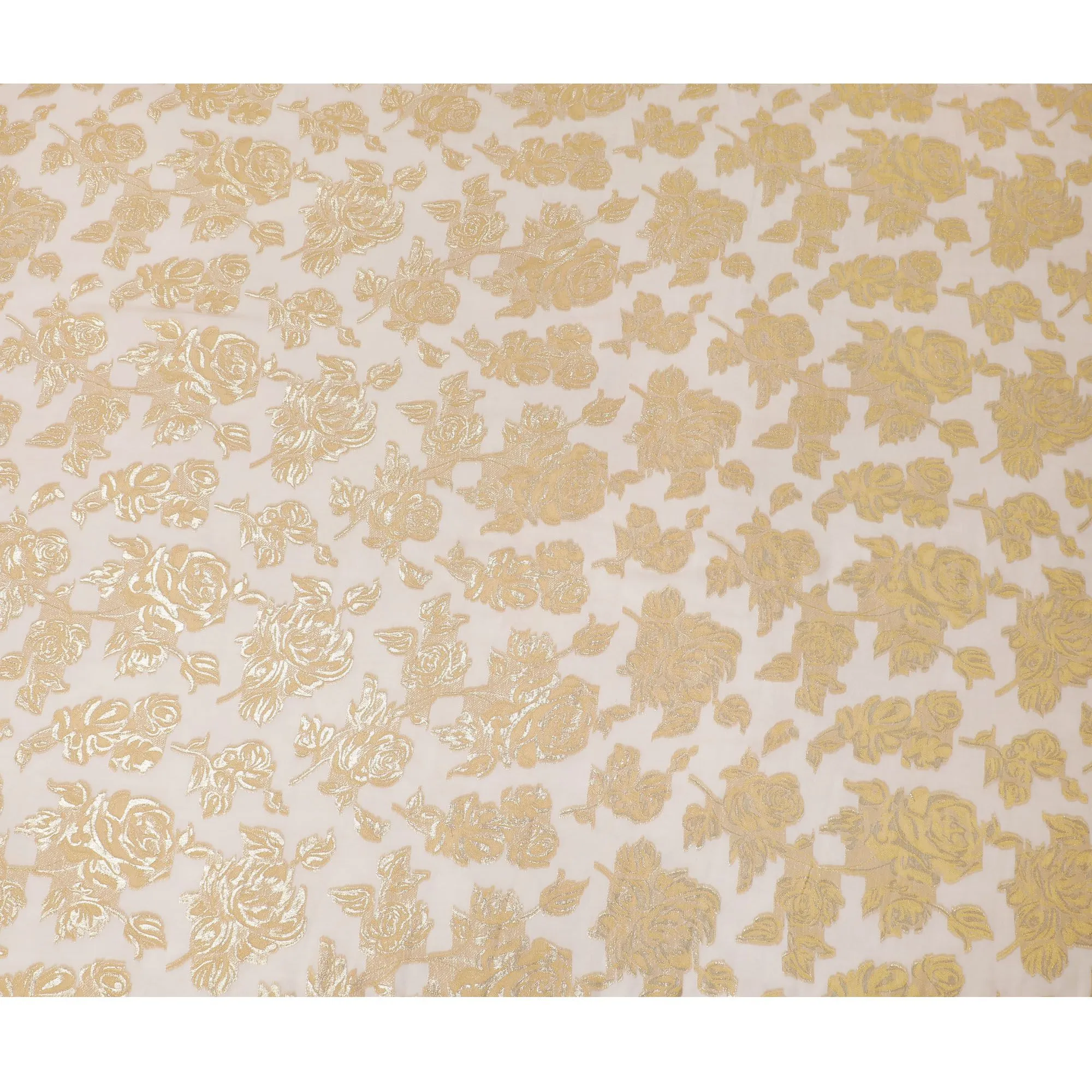 Light peach Premium pure French (Fransawi) silk chiffon fabric with beige viscose and gold metallic lurex in floral design-D16547