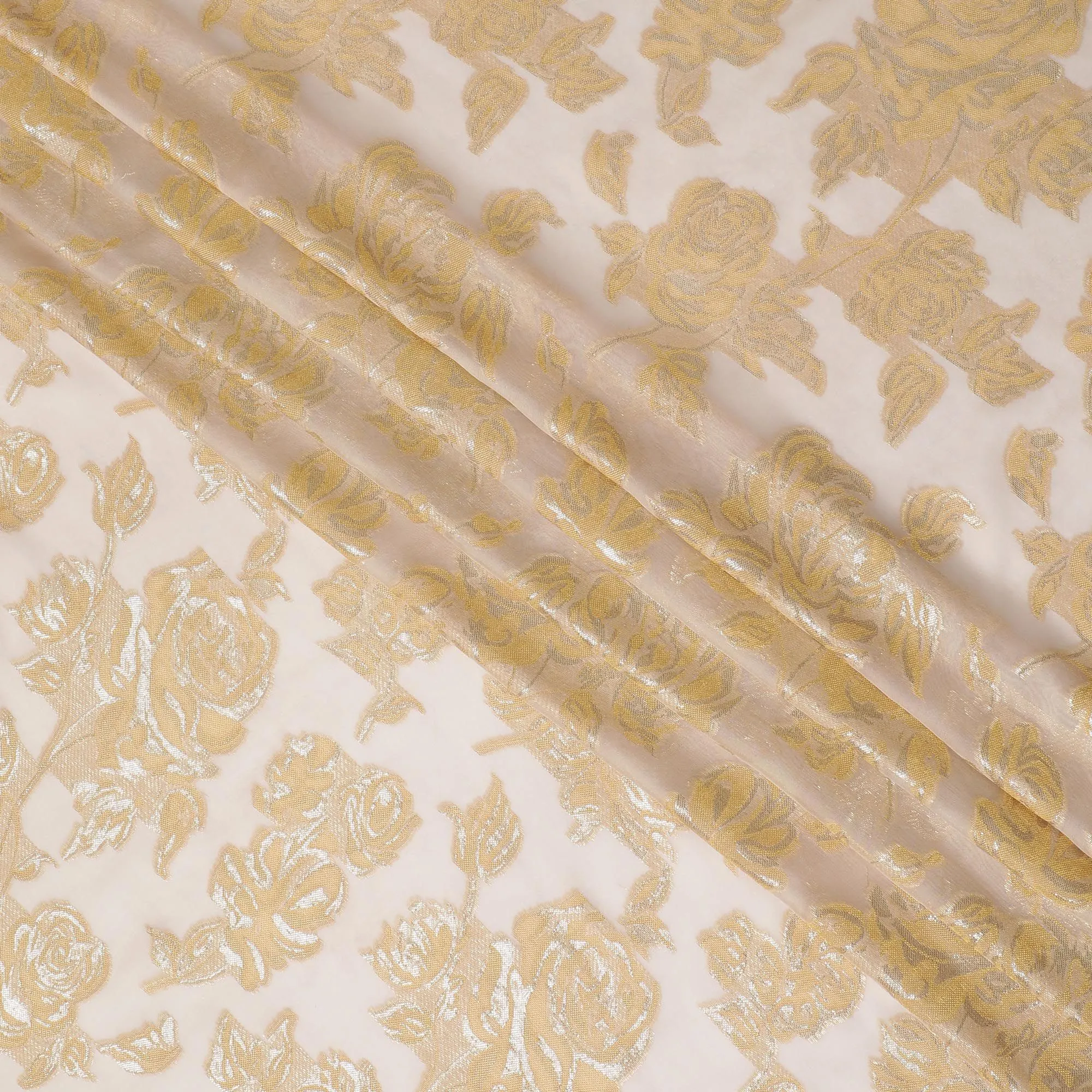 Light peach Premium pure French (Fransawi) silk chiffon fabric with beige viscose and gold metallic lurex in floral design-D16547