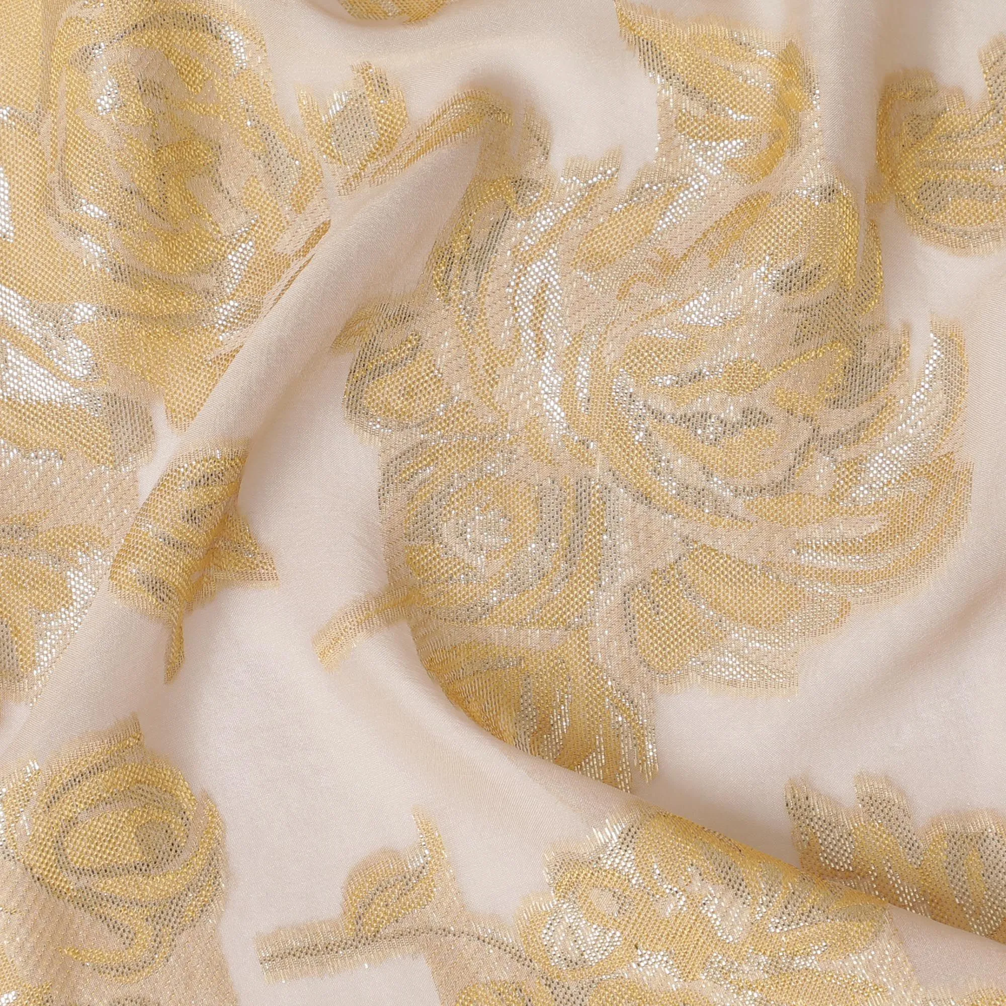 Light peach Premium pure French (Fransawi) silk chiffon fabric with beige viscose and gold metallic lurex in floral design-D16547