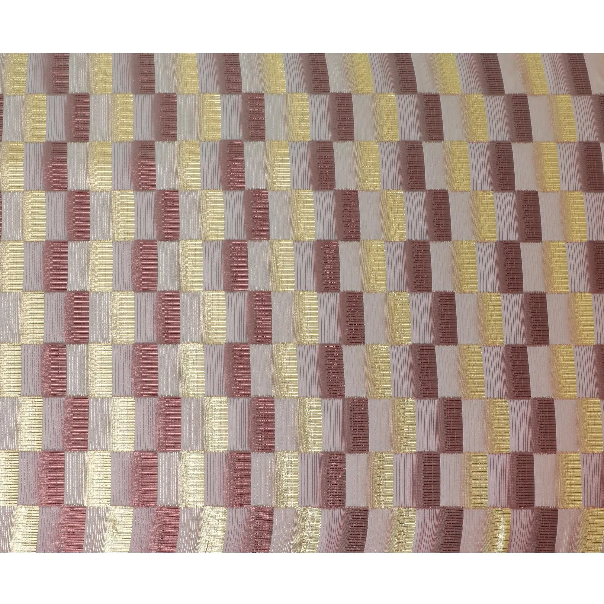 Light pink premium pure silk chiffon fabric with gold and copper metallic lurex in checks design-D11492