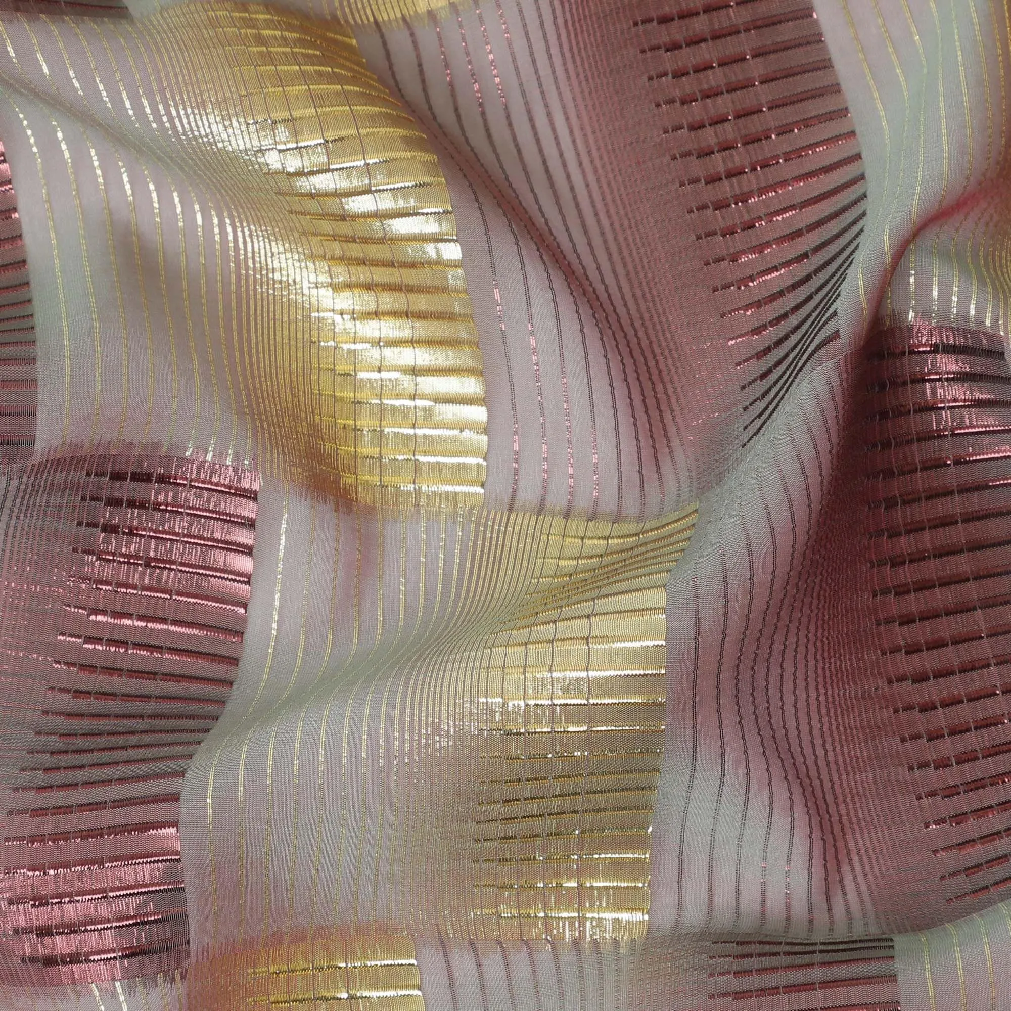 Light pink premium pure silk chiffon fabric with gold and copper metallic lurex in checks design-D11492