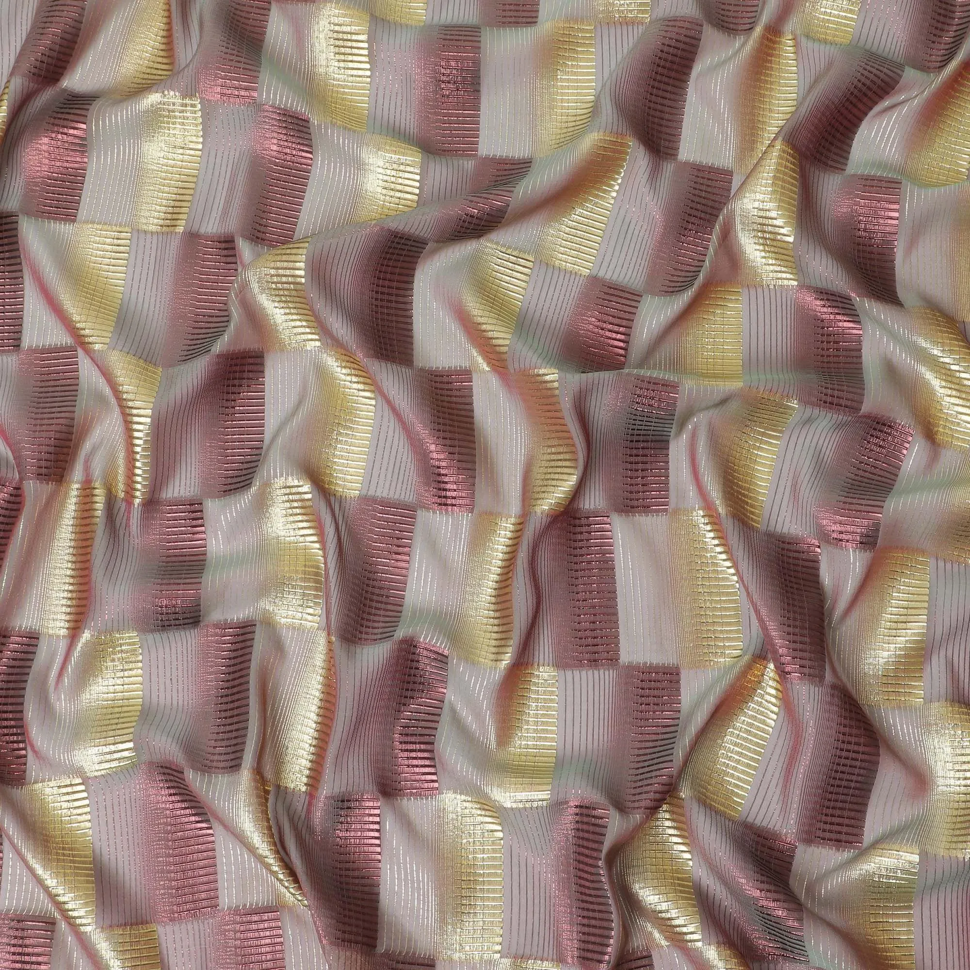 Light pink premium pure silk chiffon fabric with gold and copper metallic lurex in checks design-D11492