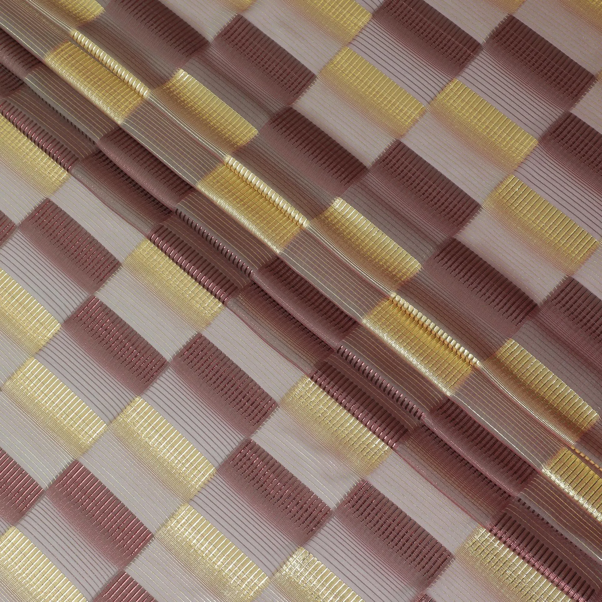 Light pink premium pure silk chiffon fabric with gold and copper metallic lurex in checks design-D11492