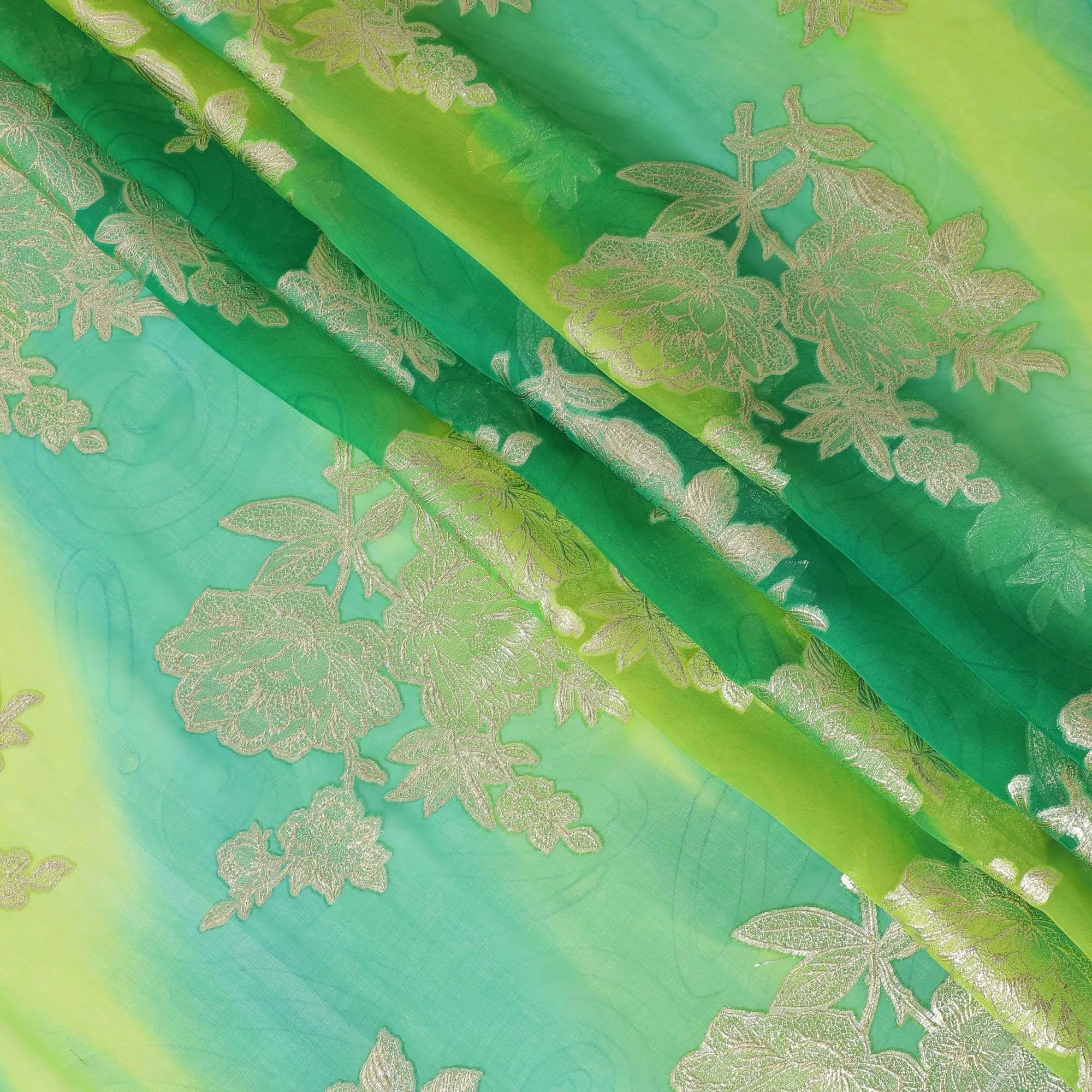 Lime green premium pure silk chiffon fabric with multicolor hand printed having gold metallic lurex in fancy design-D10413