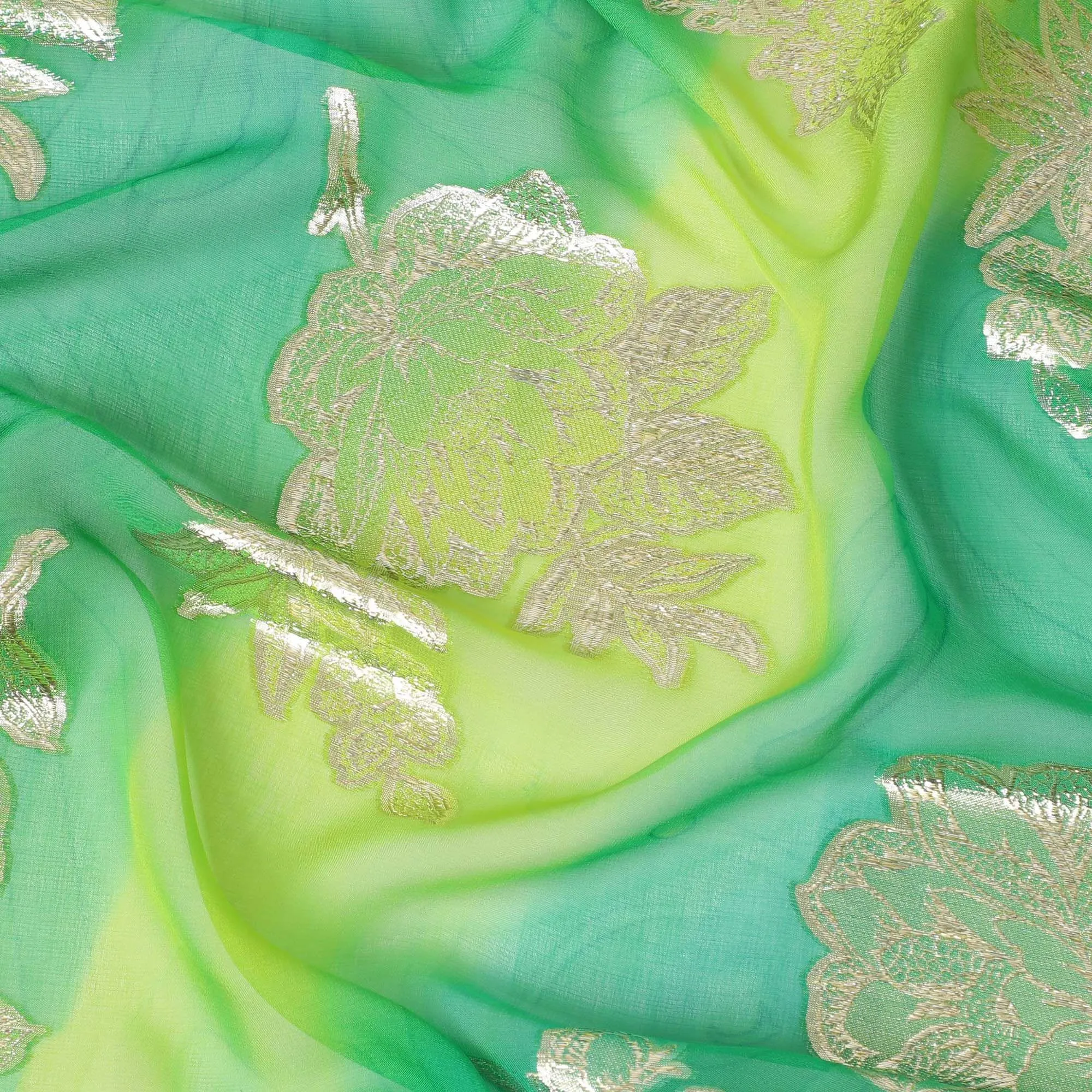 Lime green premium pure silk chiffon fabric with multicolor hand printed having gold metallic lurex in fancy design-D10413