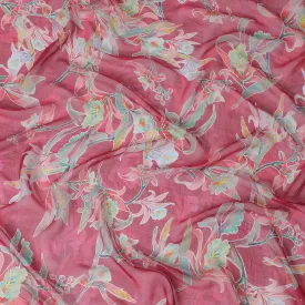 Magenta pink Premium pure wrinkle silk chiffon fabric with multicolor print in floral design-D17001