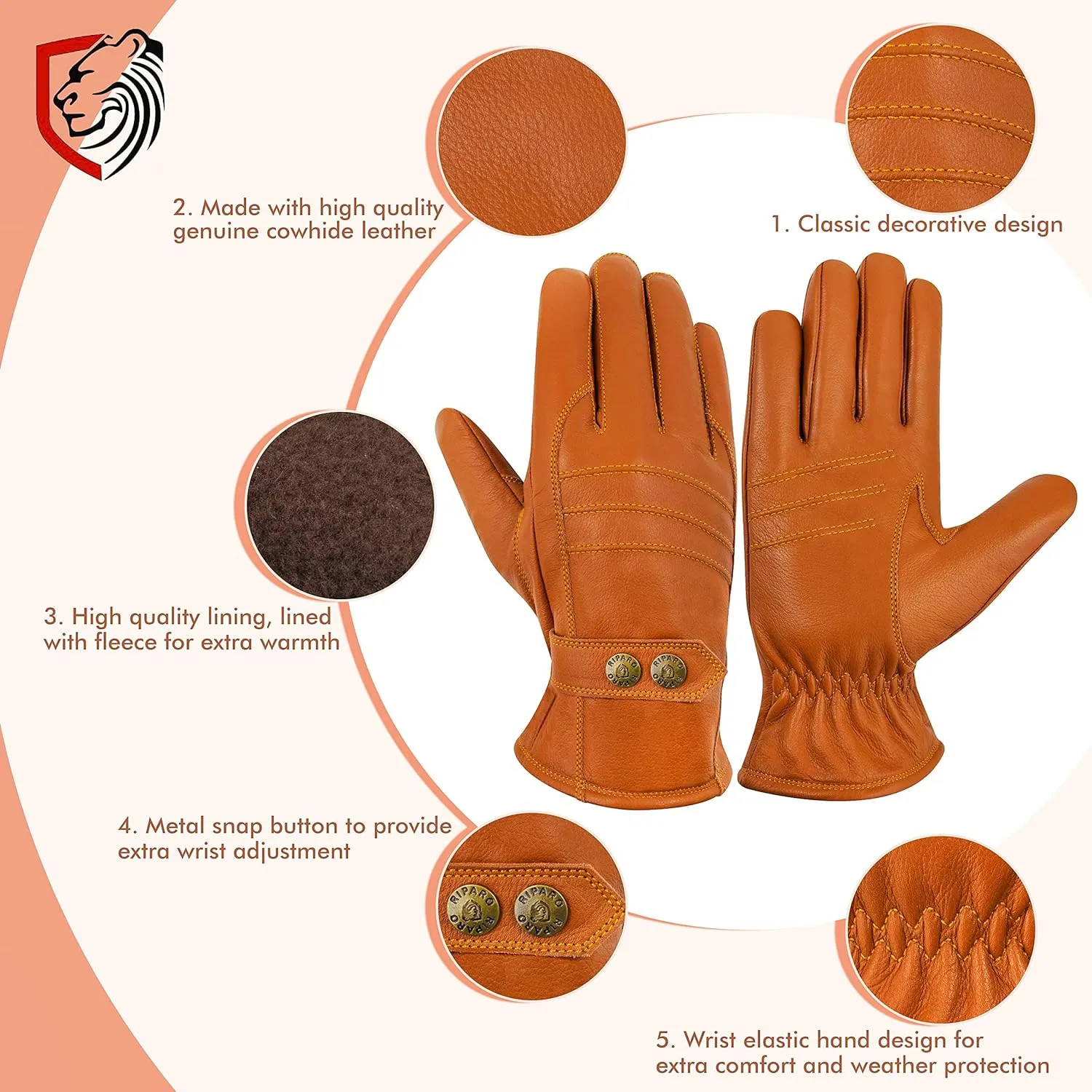 Men's Genuine Leather Fleece Lined Winter Gloves for Cold Weather - Brown