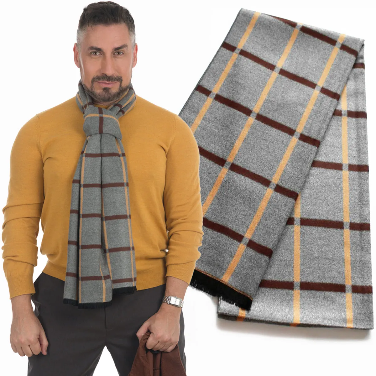 Men's Scarf - Mustard, Brown checkered on heather gray