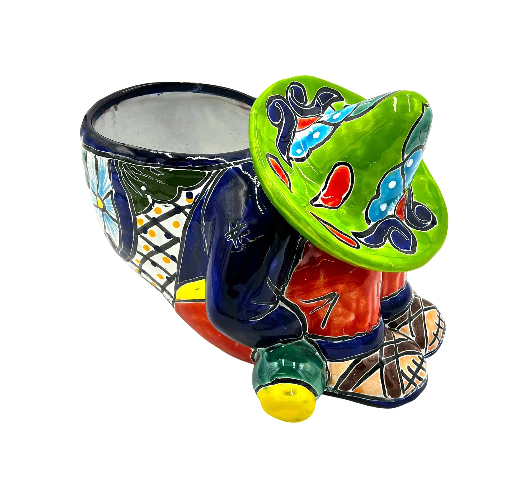 Mexican Talavera Siesta Planter Pot (Sleeping Farmer) Hand Painted - VARIABLE COLOR TRIM