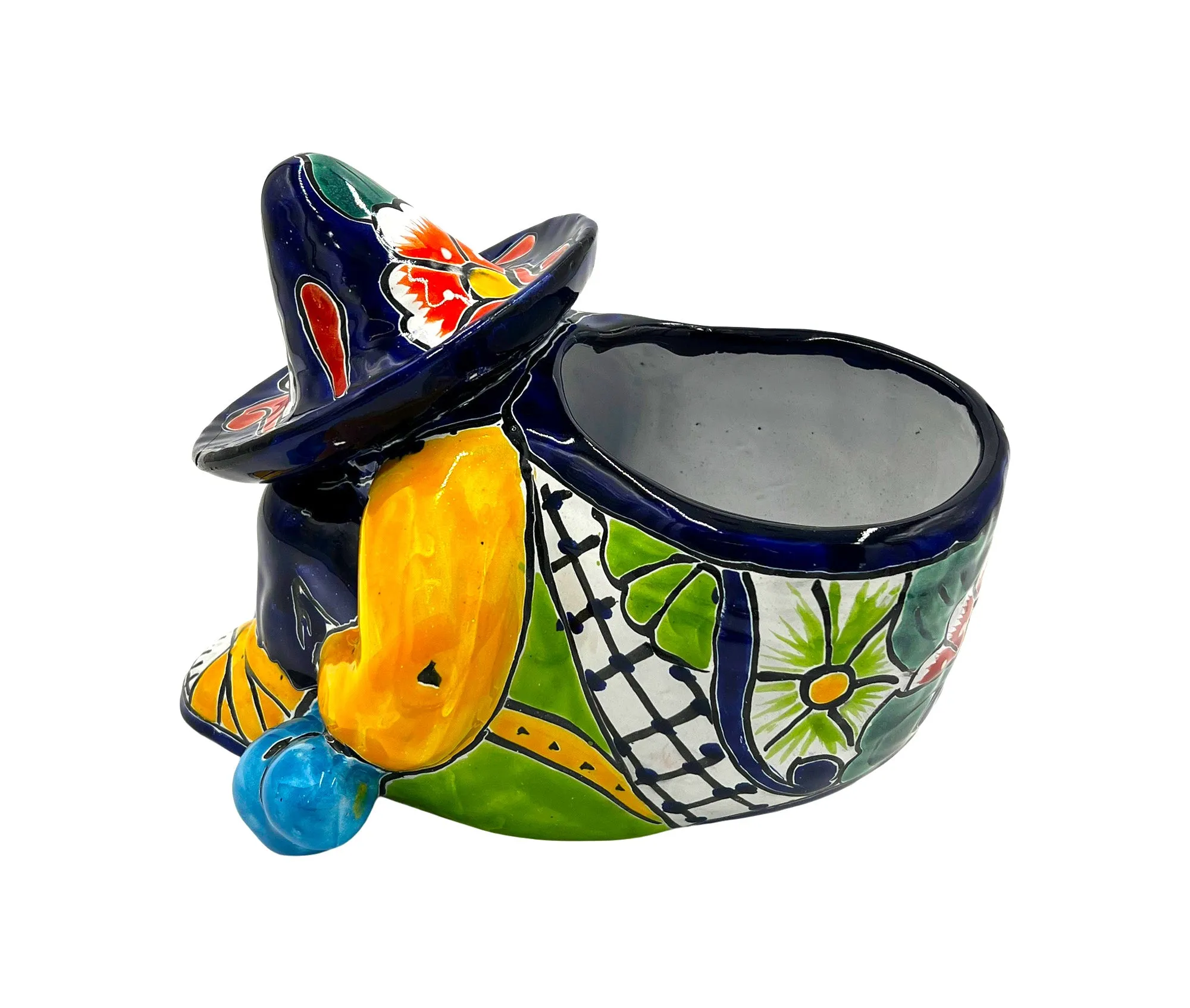 Mexican Talavera Siesta Planter Pot (Sleeping Farmer) Hand Painted - VARIABLE COLOR TRIM