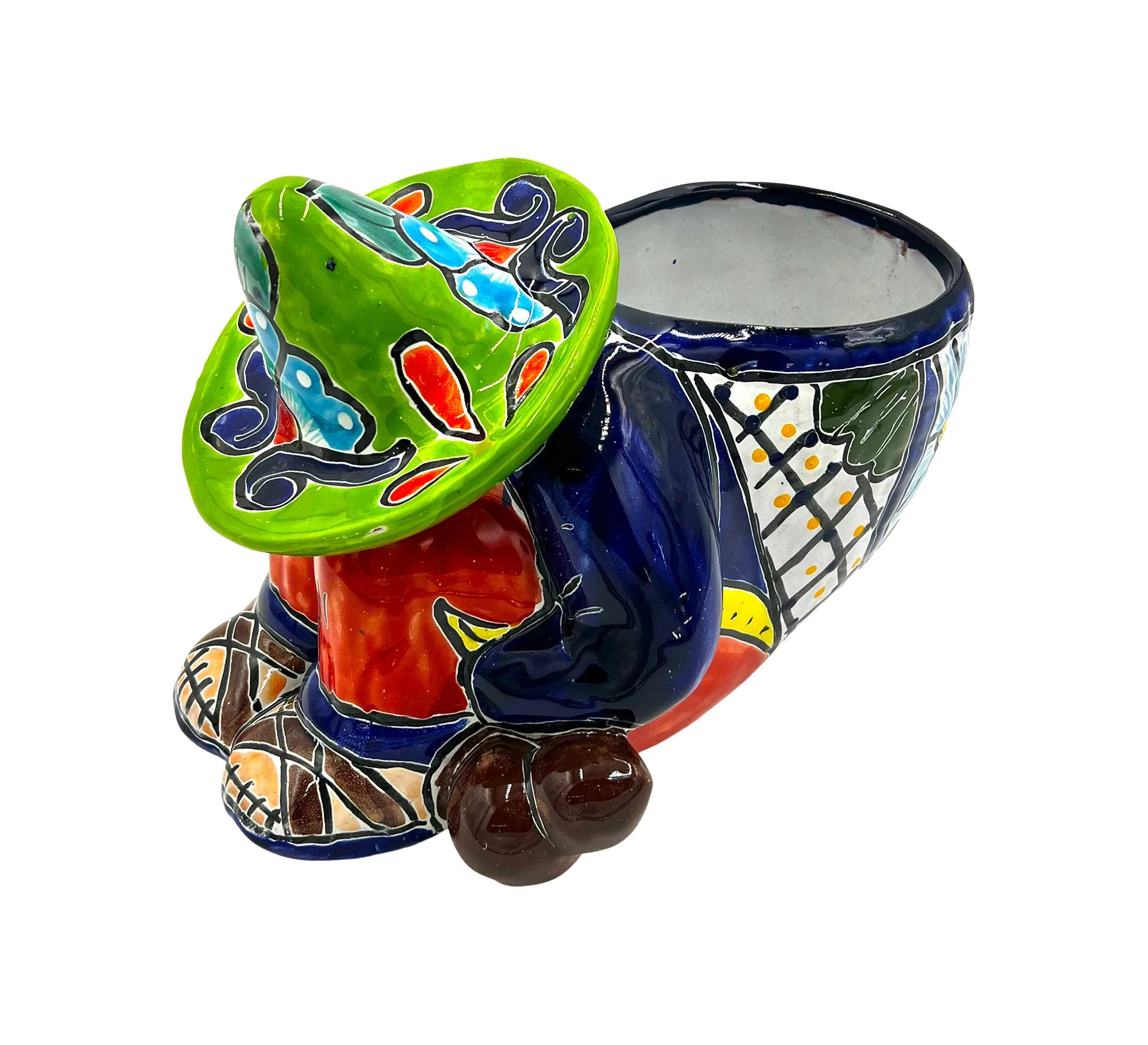 Mexican Talavera Siesta Planter Pot (Sleeping Farmer) Hand Painted - VARIABLE COLOR TRIM