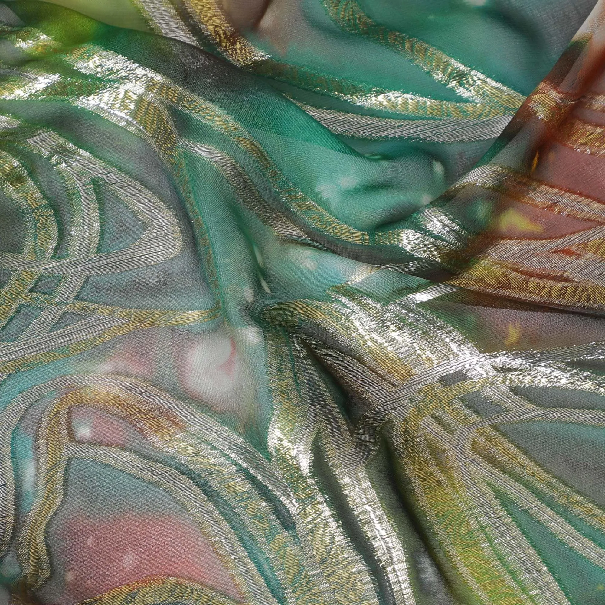 Multicolor premium pure chiffon fabric with metallic lurex and multi color hand print in abstract design-D15677