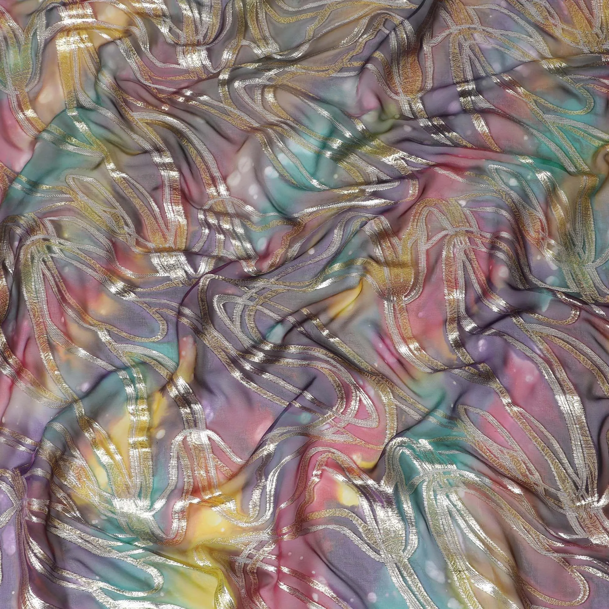 Multicolor premium pure chiffon fabric with metallic lurex and multi color hand print in abstract design-D15678