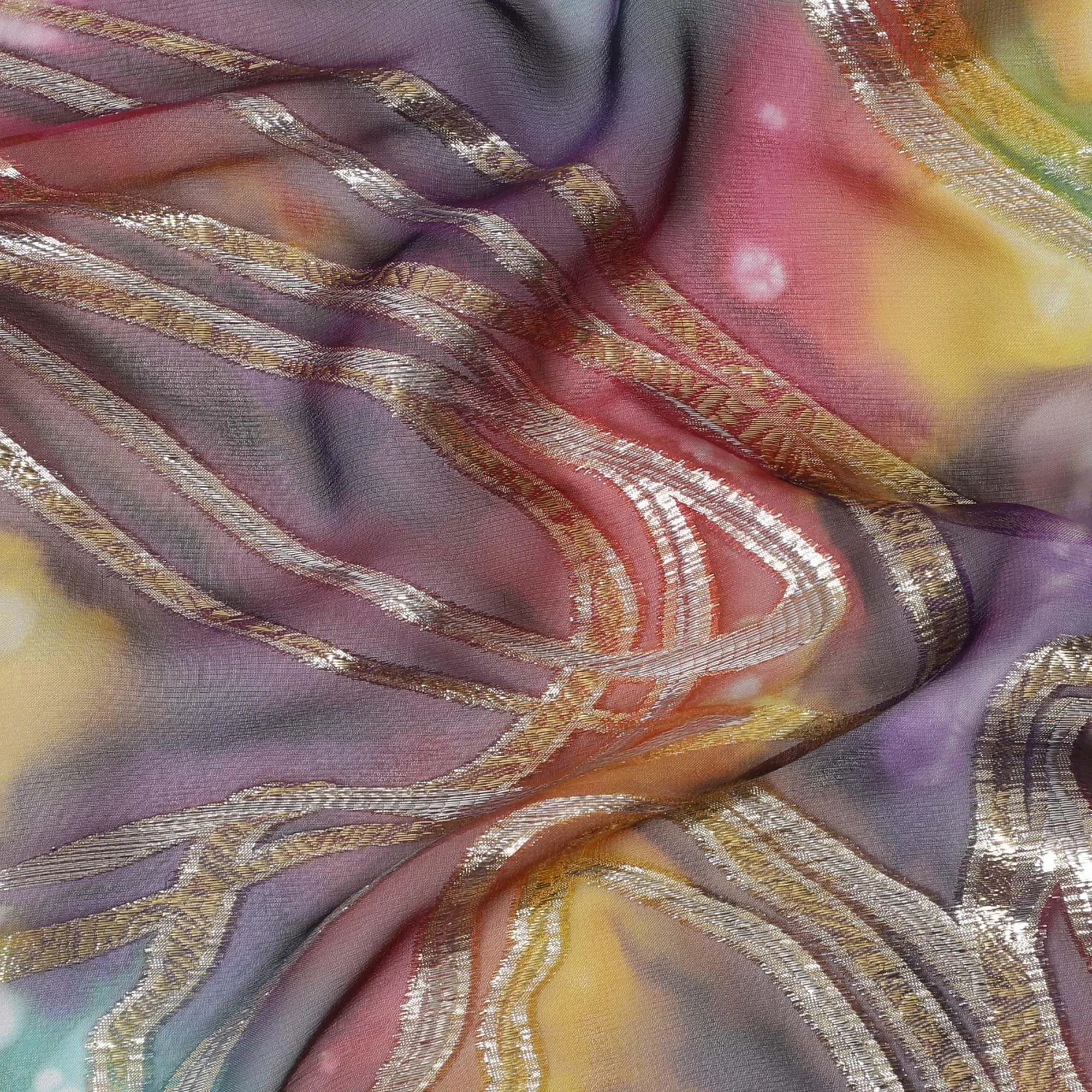 Multicolor premium pure chiffon fabric with metallic lurex and multi color hand print in abstract design-D15678