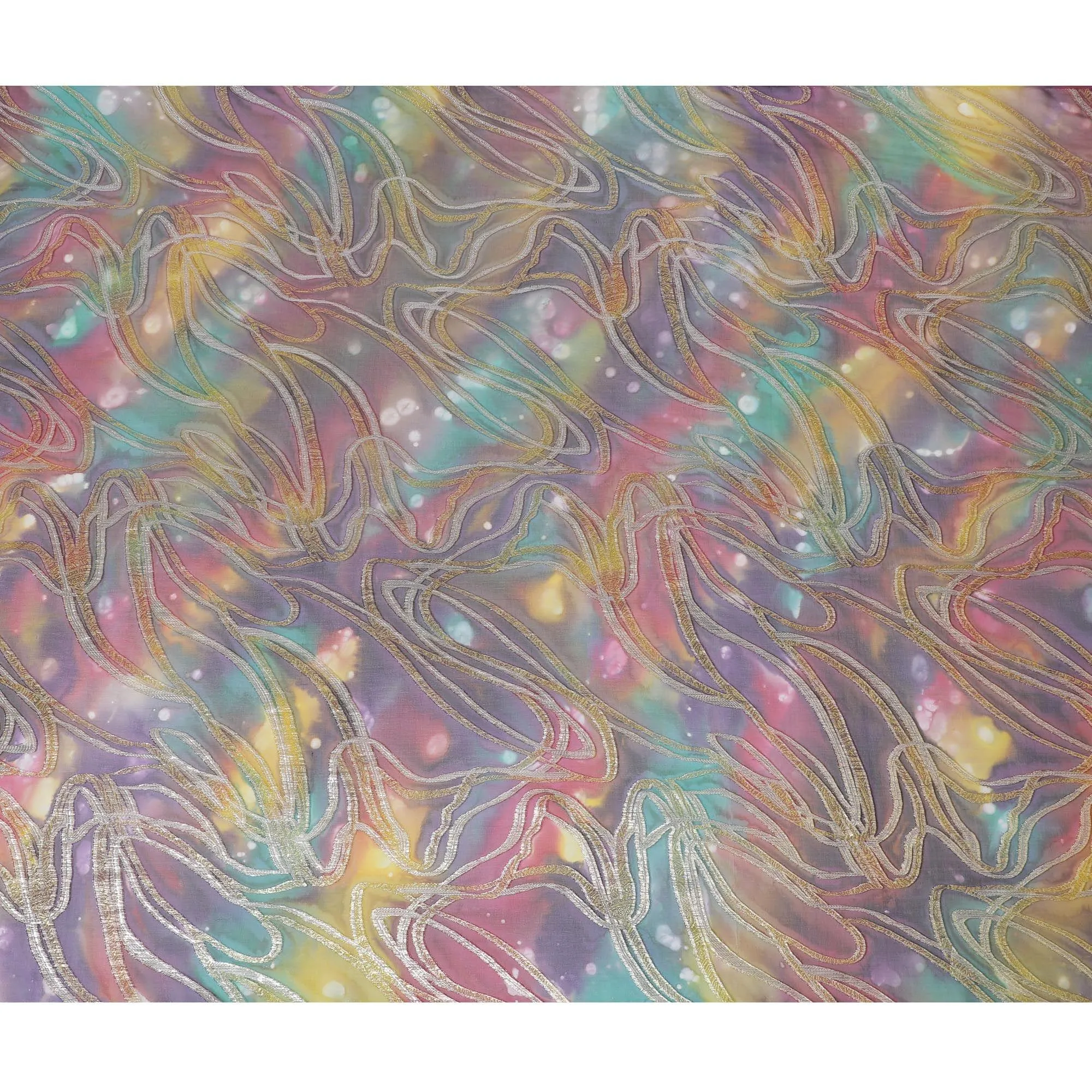 Multicolor premium pure chiffon fabric with metallic lurex and multi color hand print in abstract design-D15678