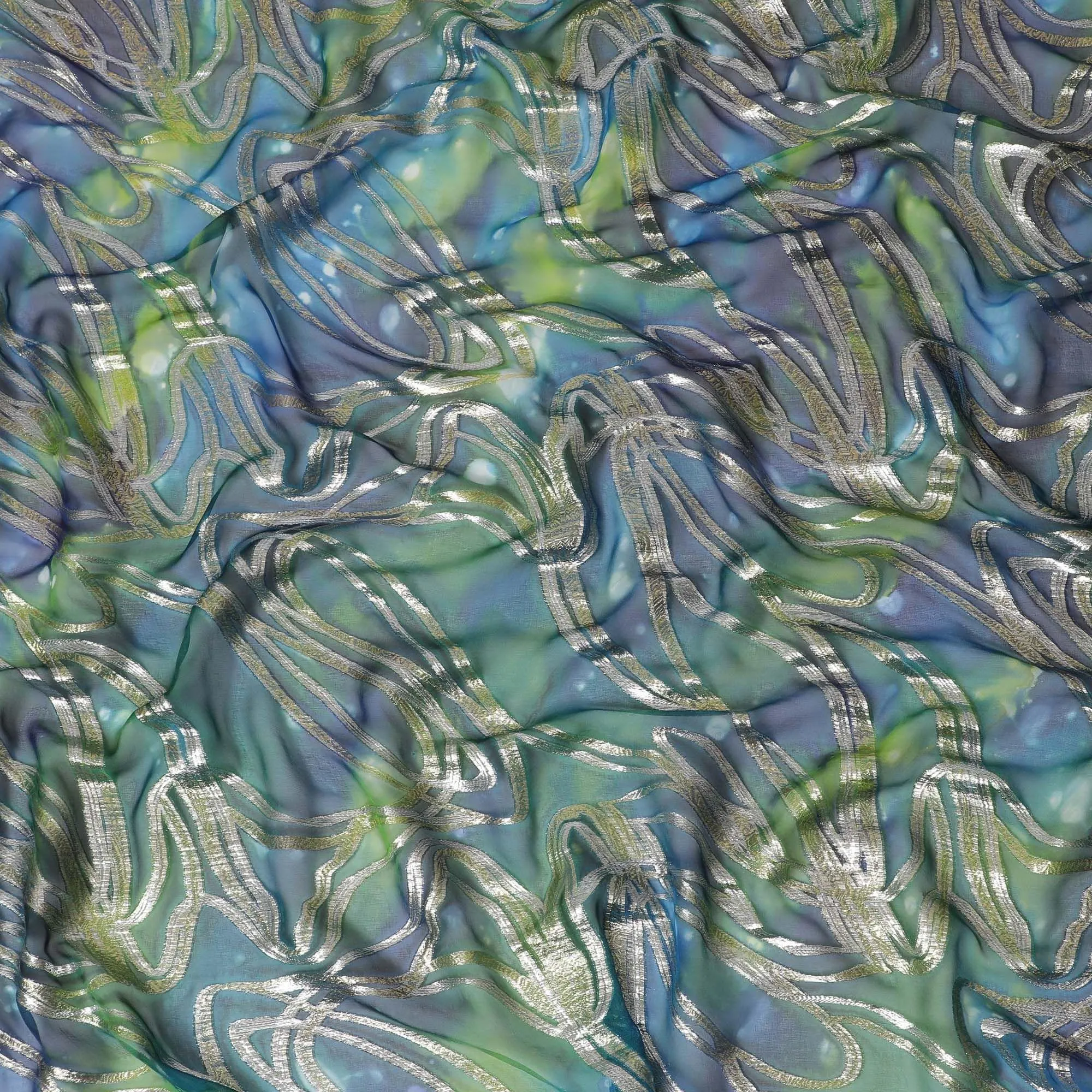 Multicolor premium pure chiffon fabric with metallic lurex and multi color hand print in abstract design-D15680