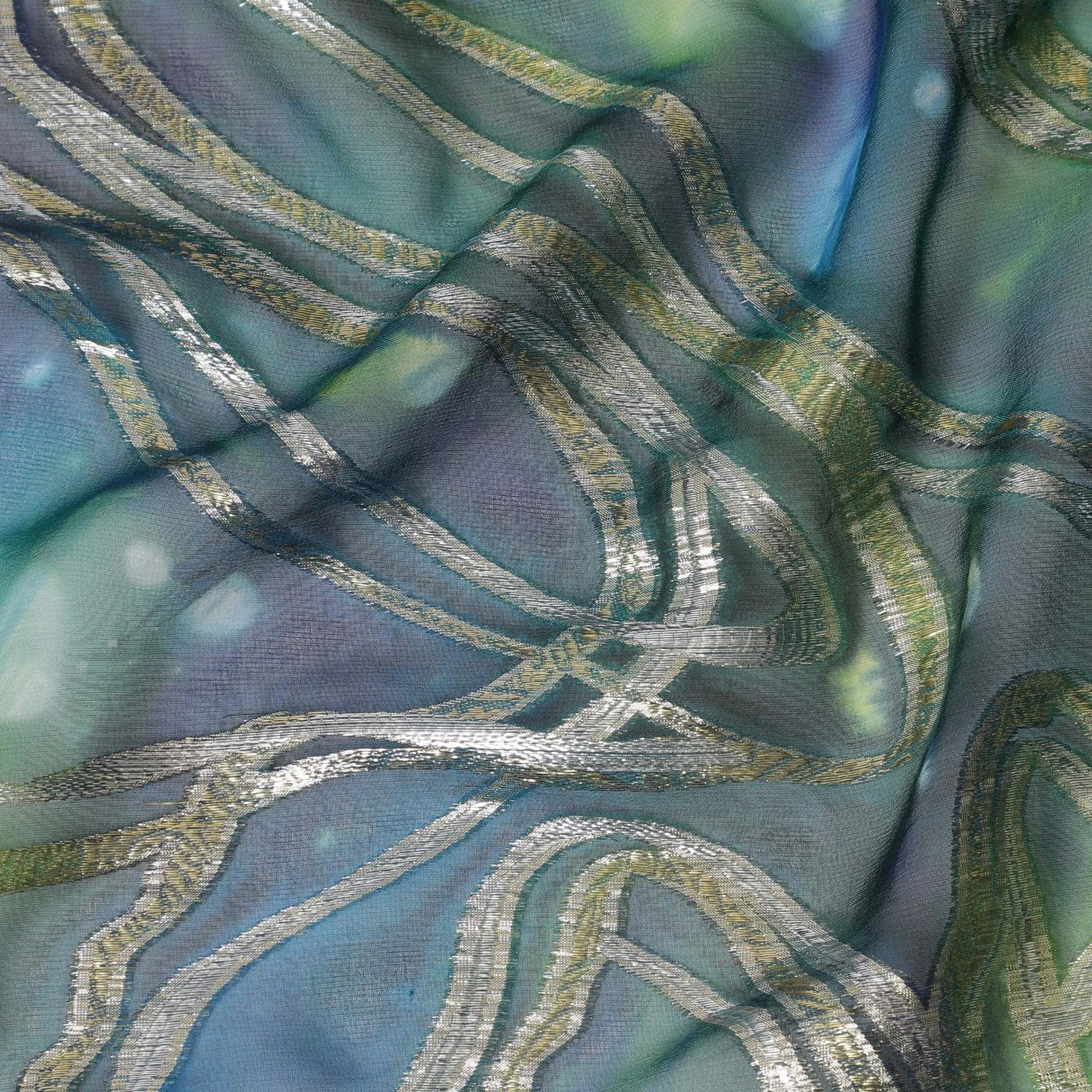 Multicolor premium pure chiffon fabric with metallic lurex and multi color hand print in abstract design-D15680