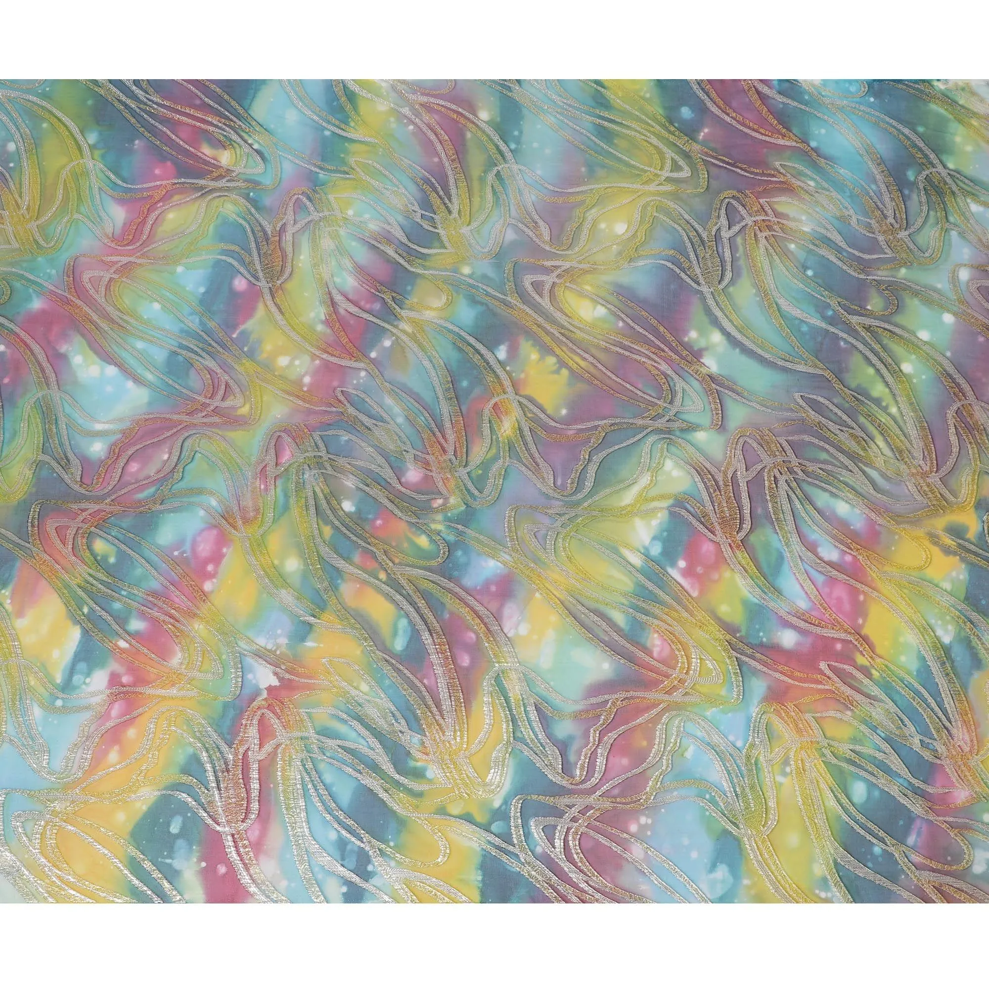 Multicolor premium pure chiffon fabric with metallic lurex and multi color hand print in abstract design-D15682